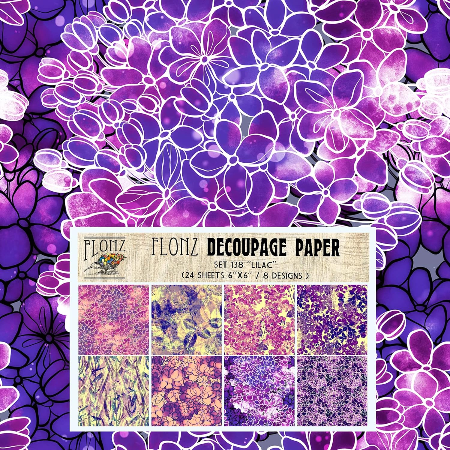 Decoupage Paper Pack (24 Sheets 6"x6") Lilac FLONZ Vintage Styled Seamless Pattern