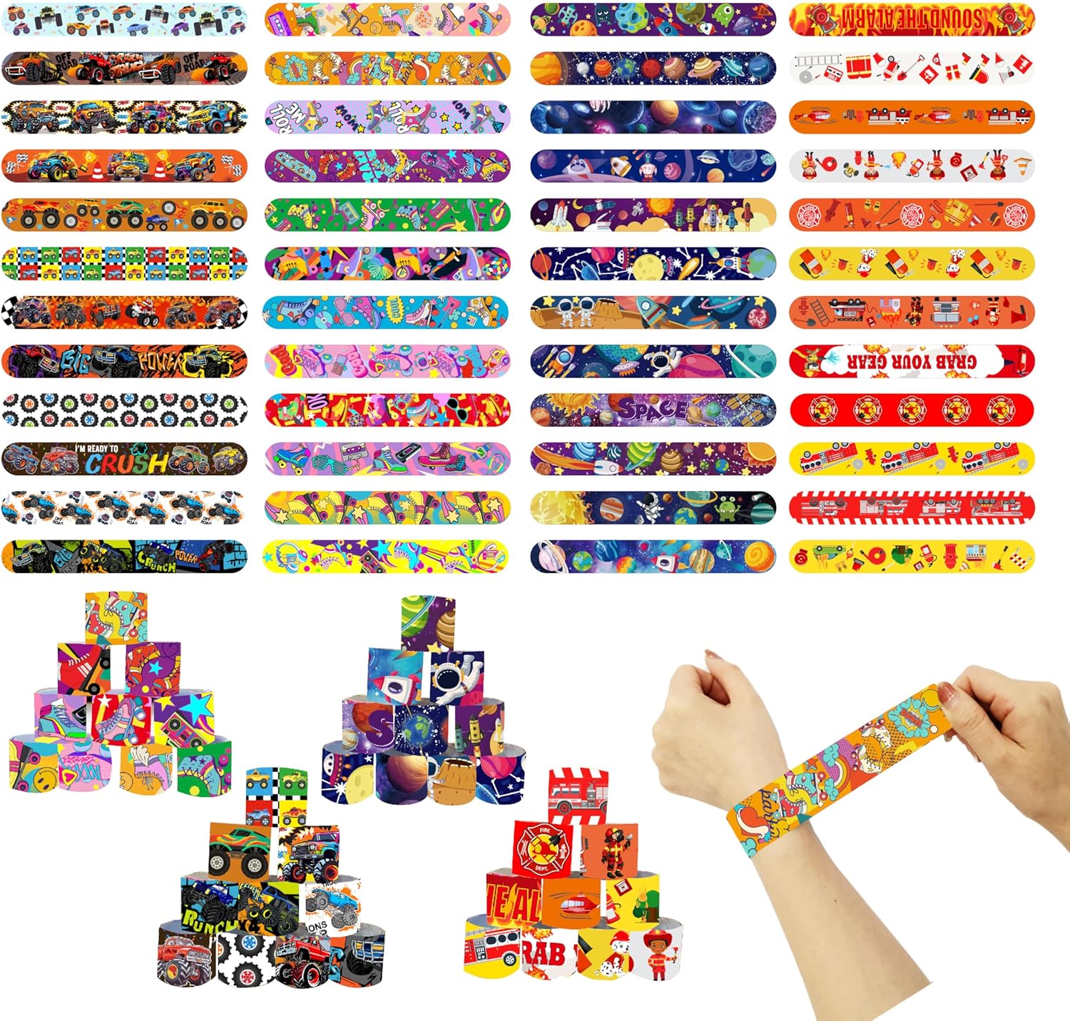 Slap Bracelets Party Favors 48Pcs Slap Bracelets Bulk Party Snap Bracelets Gifts for kids Butterflies,Space multi-themed School Classroom Prizes Exchange (B:Space,Trucks,Fire trucks,Roller skates) - Image 2