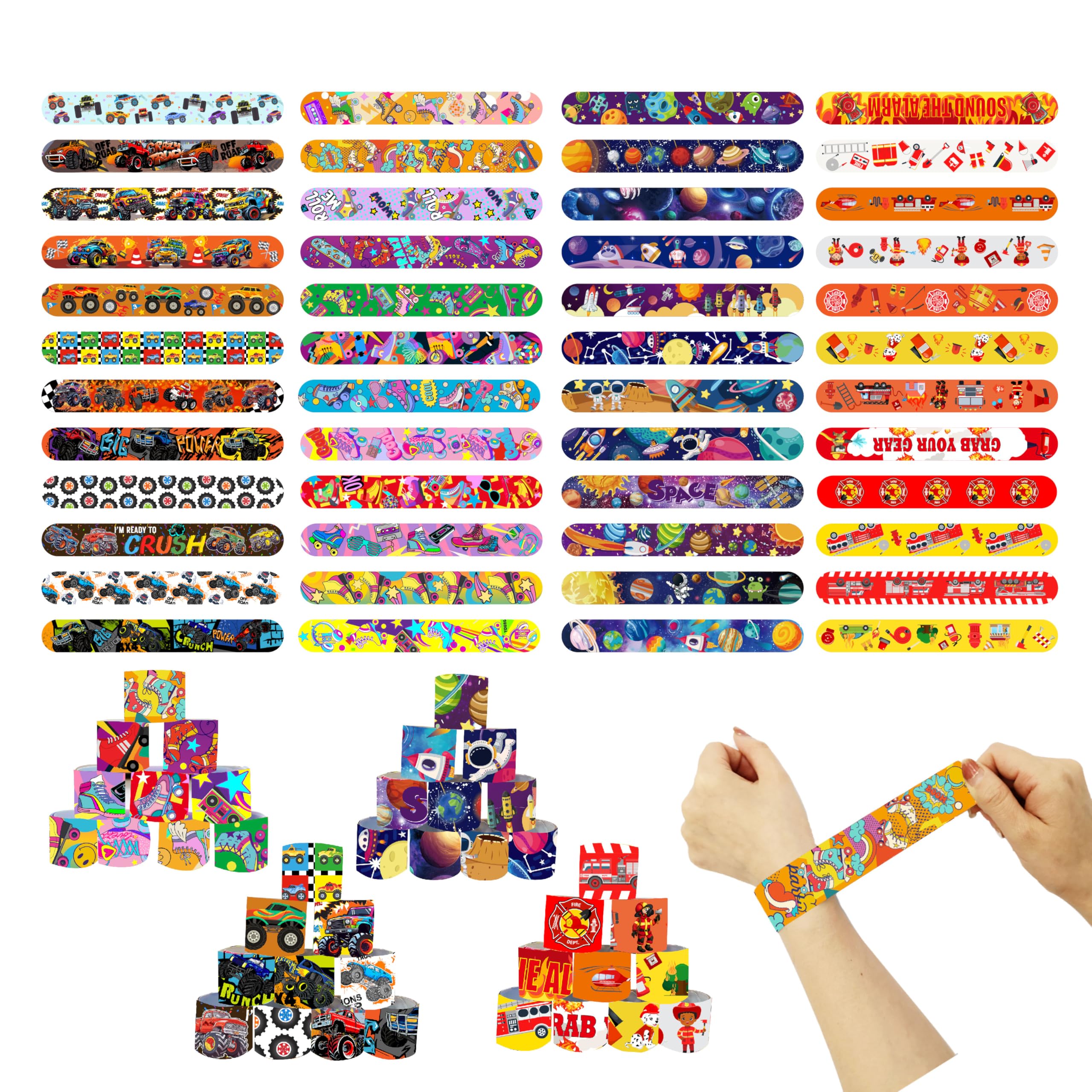 Slap Bracelets Party Favors 48Pcs Slap Bracelets Bulk Party Snap Bracelets Gifts for kids Butterflies,Space multi-themed School Classroom Prizes Exchange (B:Space,Trucks,Fire trucks,Roller skates)