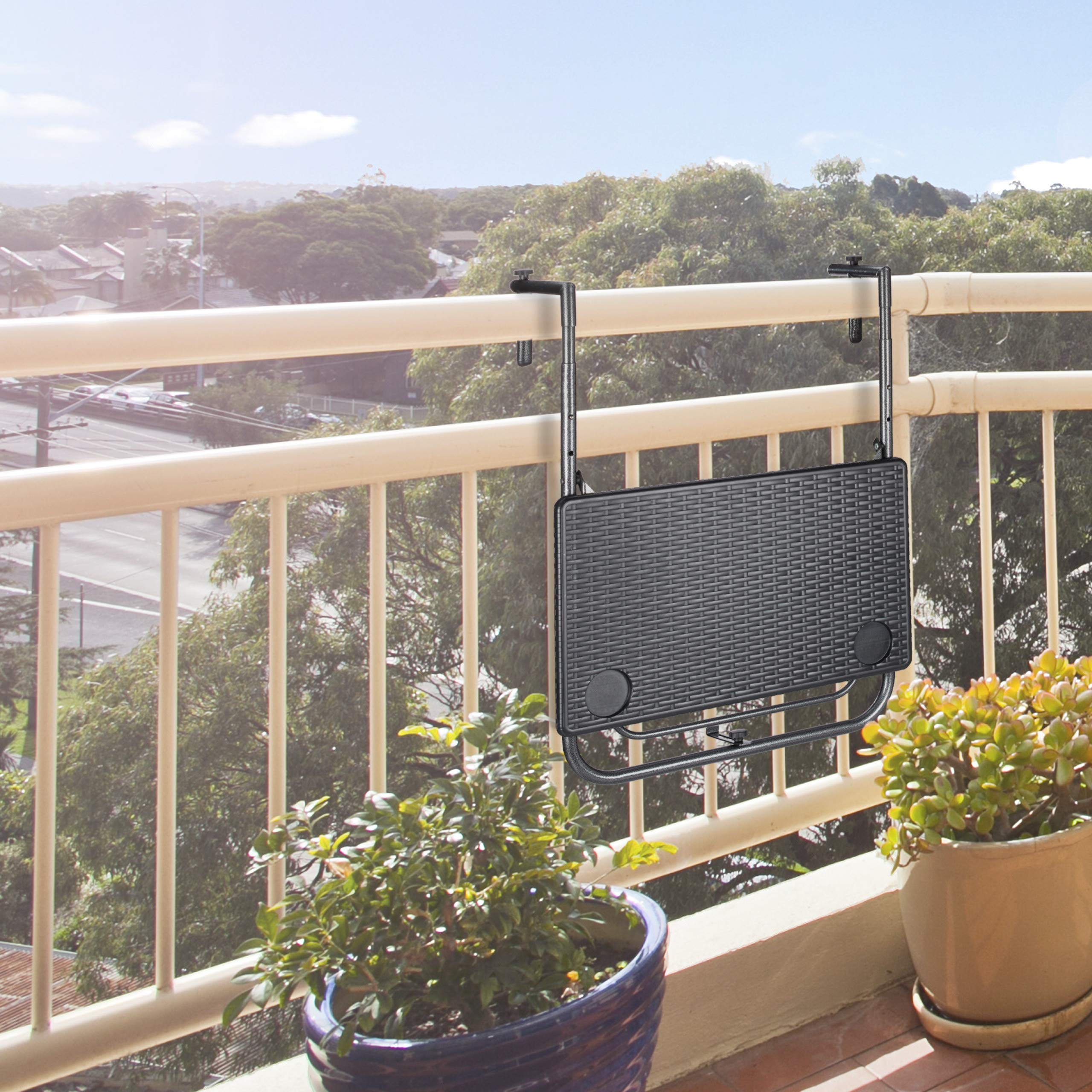 Relaxdays Table Balcon Suspendue, Pliante, réglable en Hauteur 3 Niveaux, Aspect rotin, résistante, 59,5 x 36 cm, Noir