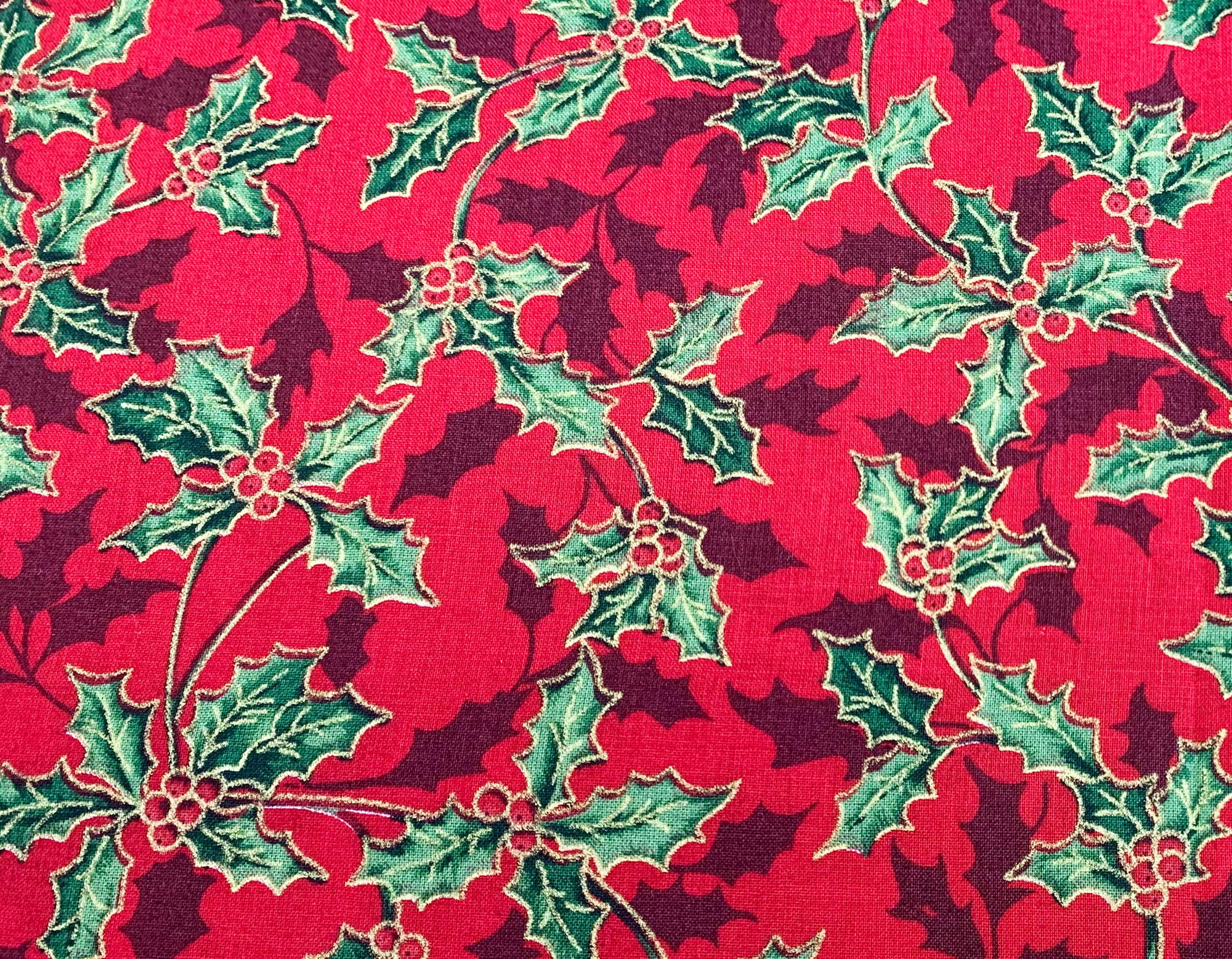 Empee Red Christmas Fabric - Holly & Berry Metallic Gold Leaf Print On - Cotton Craft Fabric Material Metre (349Eic)