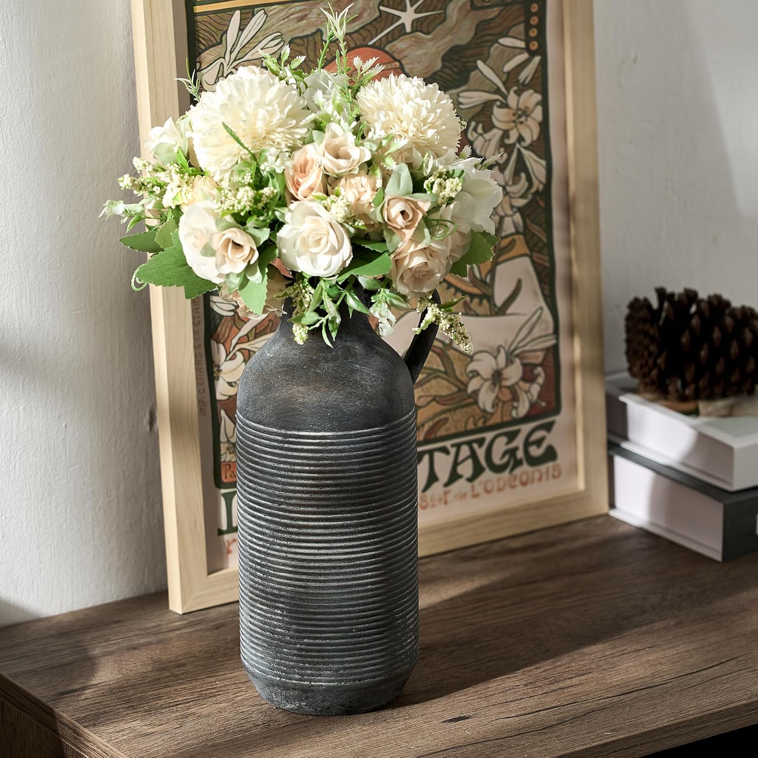 Ceramic Rustic Vase for Home Decor, Terracotta Vase with Handle, Handcrafted Vintage Decorative Flower Vase for Farmhouse, Living Room, Table, Fireplace, Nightstand - Black Bronze - Image 5
