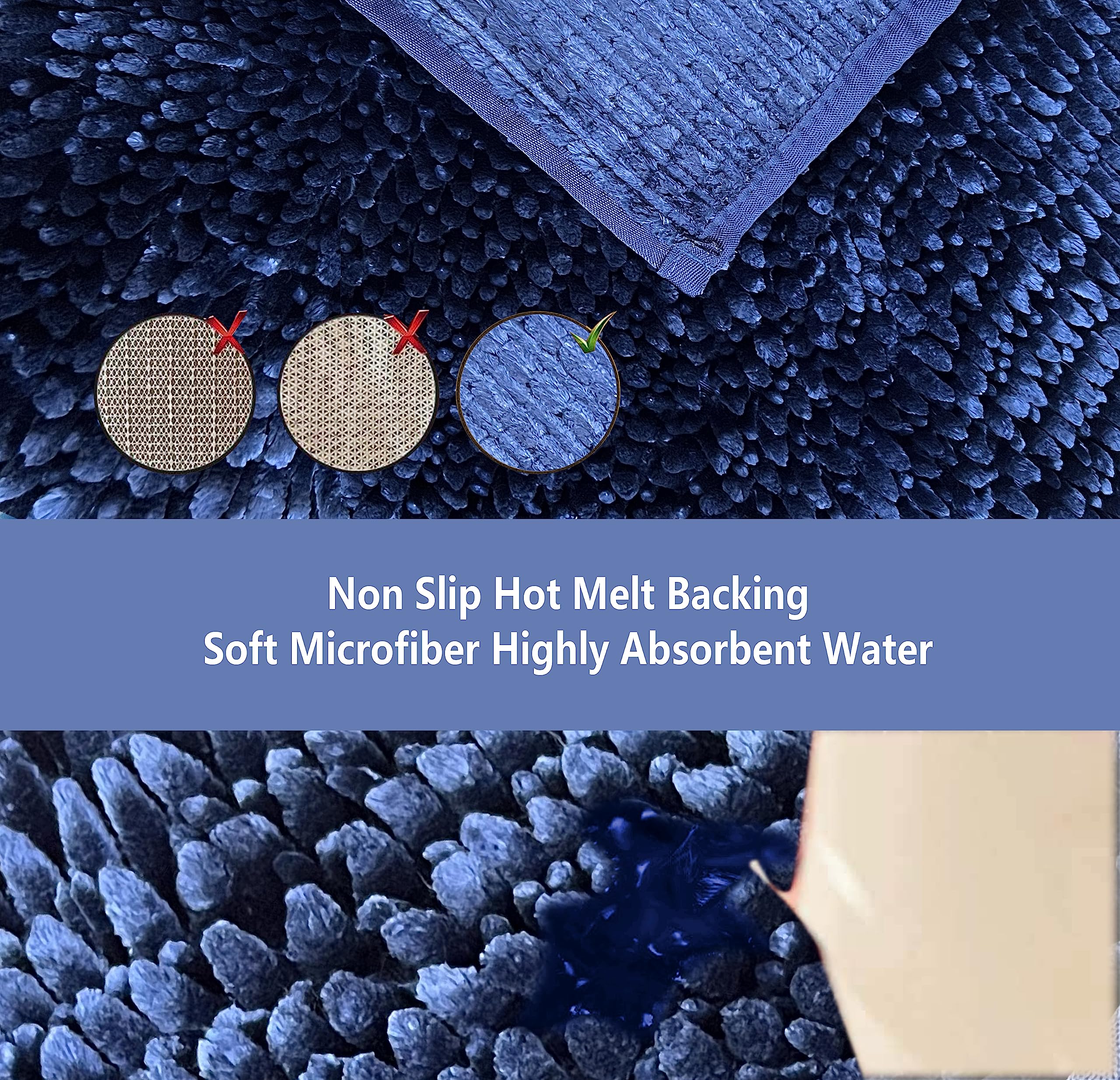 BH Home & Linen 3-Piece Luxurious Ultrasoft Butter Chenille Bath Rugs Set. 100% Microfiber (Navy)