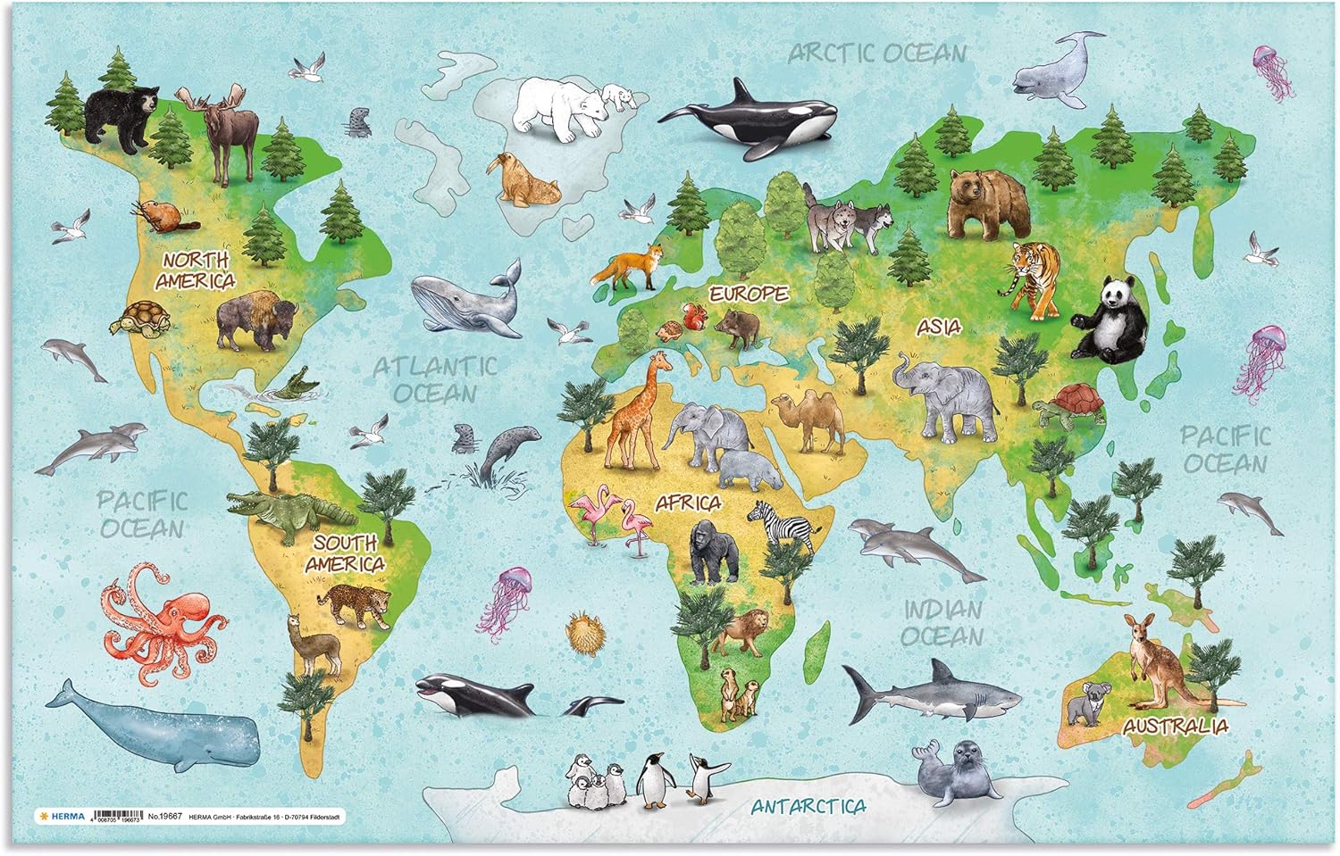 HERMA 19667 Desk Pad Nursery World Map Set of 3 55 x 35 cm Non-Slip Wipe Clean and Desk Mat Printed with Double-Sided Motif Made of Sturdy Cardboard Table Mat for Children