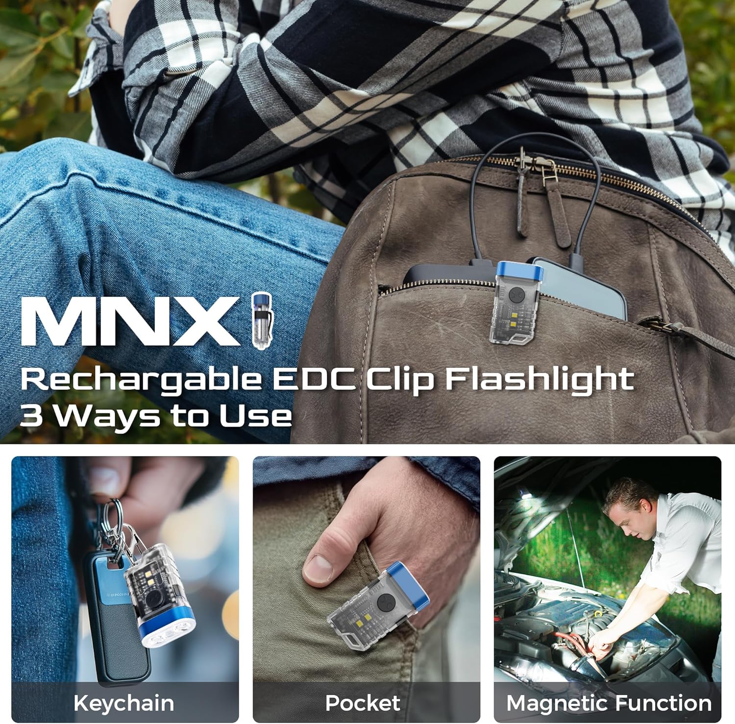 Rechargeable EDC Clip Keychain Flashlight, Pocket Small Mini Flashlights 500 Lumens, 10 Modes 2 Illumination Angles, USB C Charging Magnetic for Home, Emergency, Night Working, 2 Pack, Blue