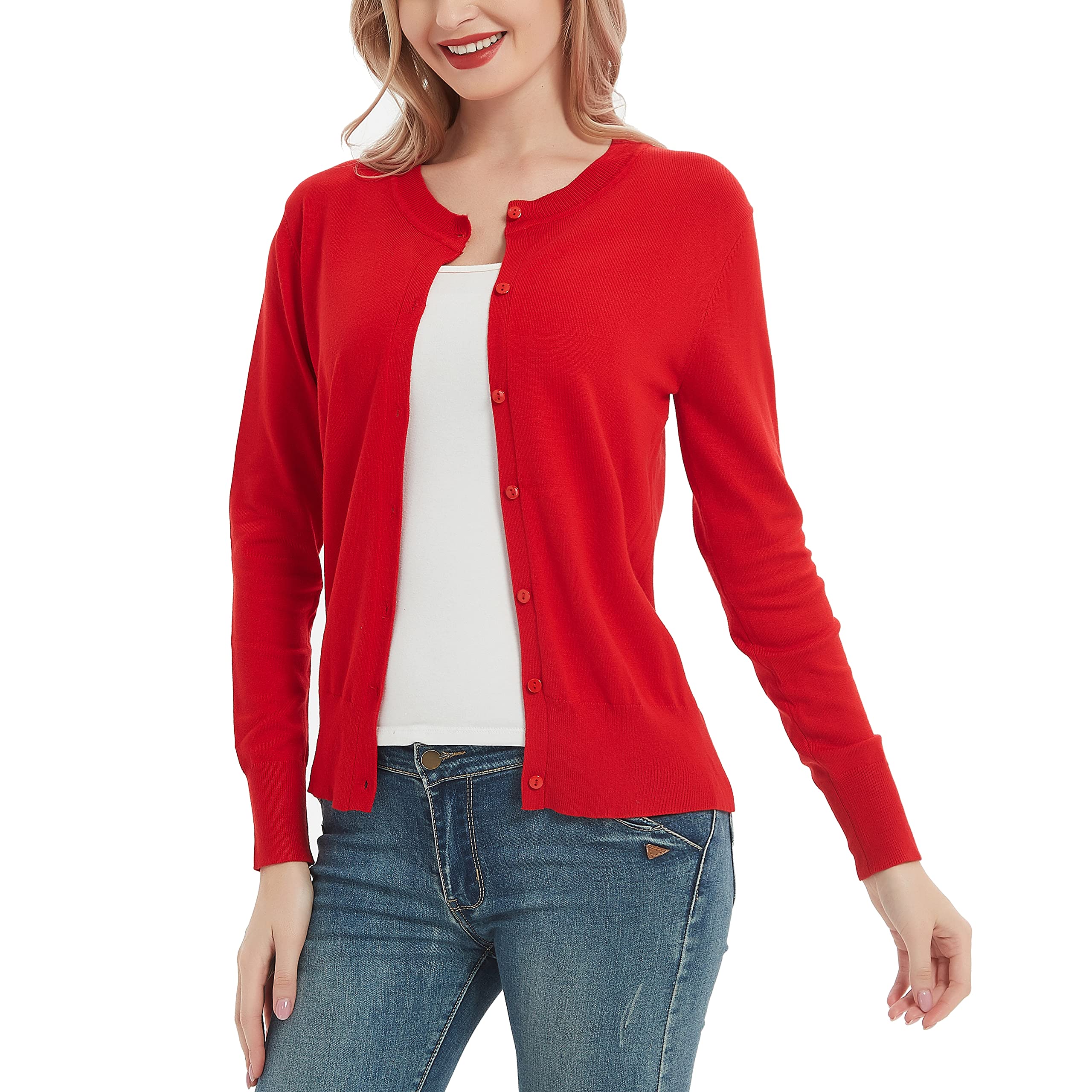 Womens Crew Neck Button Down Long Sleeve Cardigan Sweater