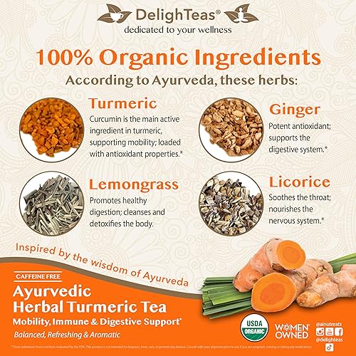 Miniatura 4 de DelighTeas Té orgánico de cúrcuma y jengibre Té de cúrcuma ayurvédica de hojas sueltas para movilidad, apoyo inmunológico y digestivo Sin OMG
