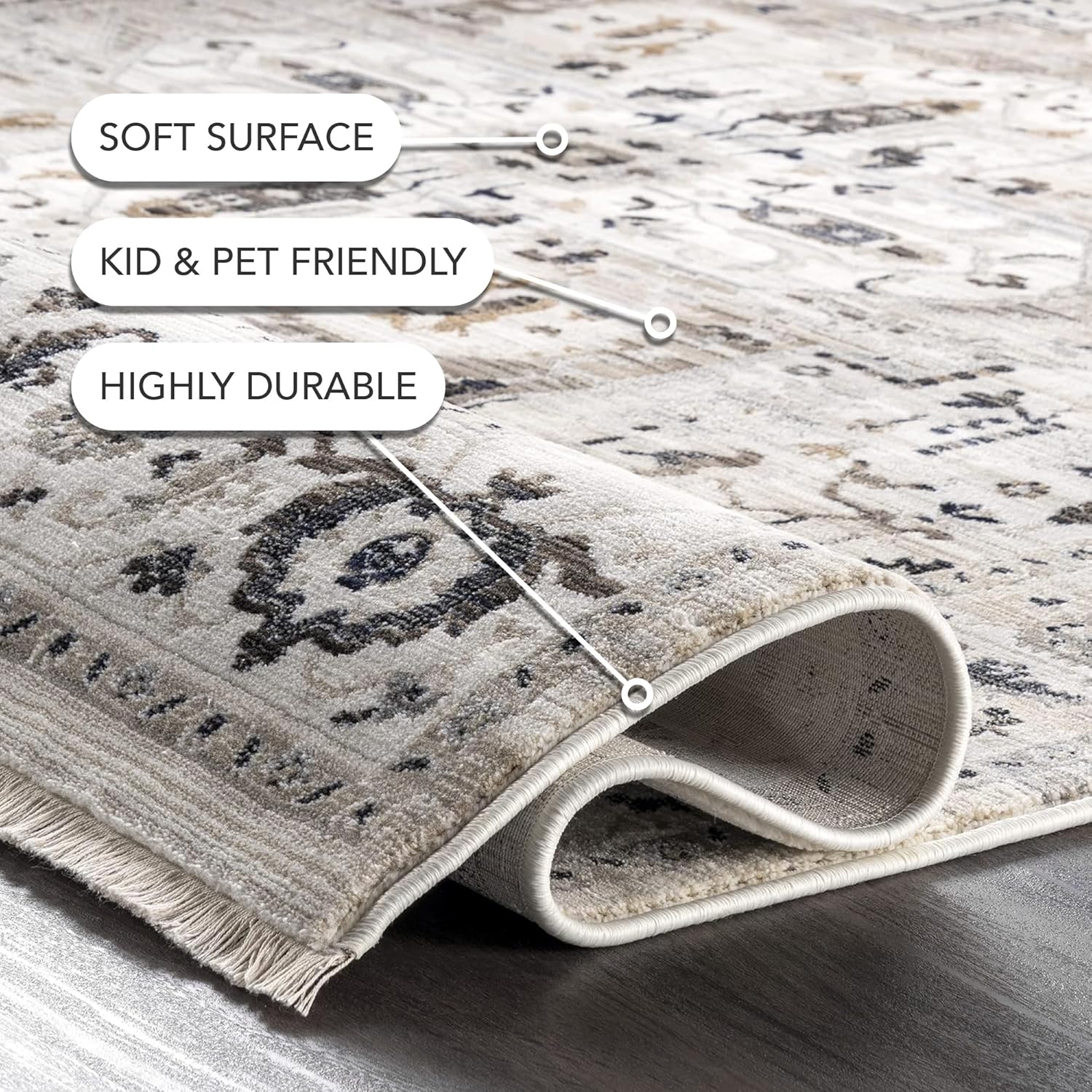 Nuloom Fringed Performance Oliveira Beige/Ivory, 3'3" x 5', Floral Medallion, Soft and Cozy, High Traffic, Stain Resistant, Easy Clean, Durable Area Rug for Bedroom, Living Room, Dining, Den, Foyer