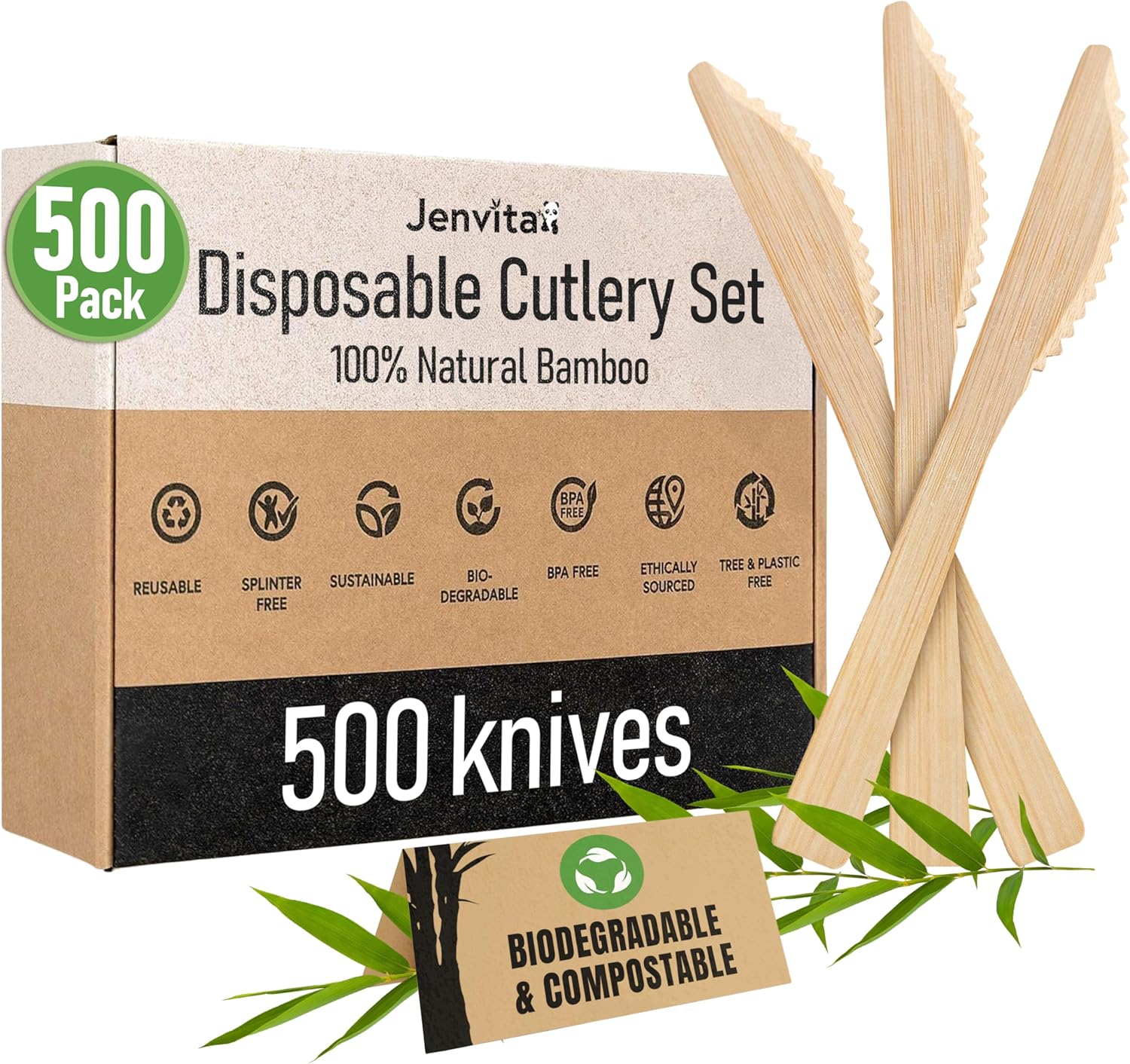 Ibambo Juego de cuchillos 100% de bambú, utensilios de cocina ecológicos (600 cuchillos compostables)  Utensilios de bambú desechables o
