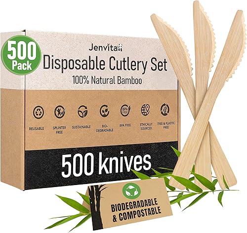 Ibambo Juego de cuchillos 100% de bambú, utensilios de cocina ecológicos (600 cuchillos compostables)  Utensilios de bambú desechables o