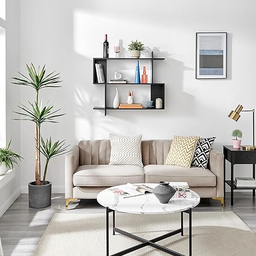 Miniatura 4 de Danya B. Manasa Floating Geometric Kilter Estante de pared de dos niveles - Hickory