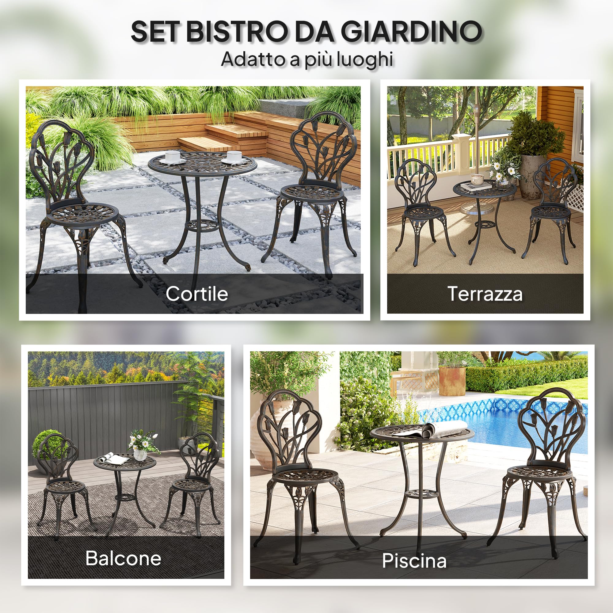 Outsunny Set de terraza de Exterior de 3 Piezas con 2 sillas de jardín y Mesa Redonda con Orificio para sombrilla, Juego de Mesa y sillas de balcón de Aluminio, para Patio, jardín, Bronce | Mesa redonda de exterior con 2 sillas, juego de balcón de alumini