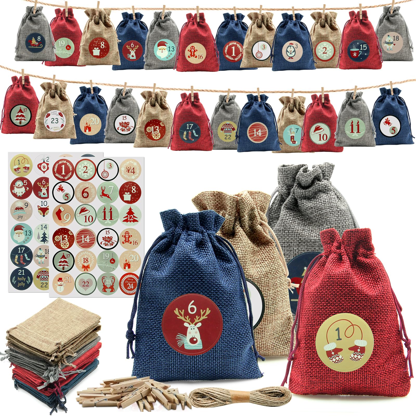 Calendario de Adviento para Rellenar 24 Piezas con Cuerda 10m y 48 Números Adhesivos, Bolsas de Tela DIY 4 Colores