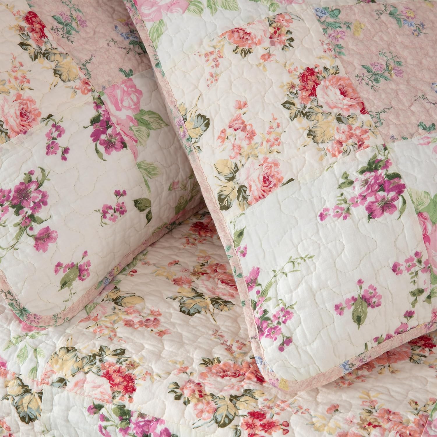 Chezmoi Collection Abbi 5-Piece Pink Shabby Chic Bedding Floral Daybed Set, Pre-Washed Cotton Patchwork Daybed Cover