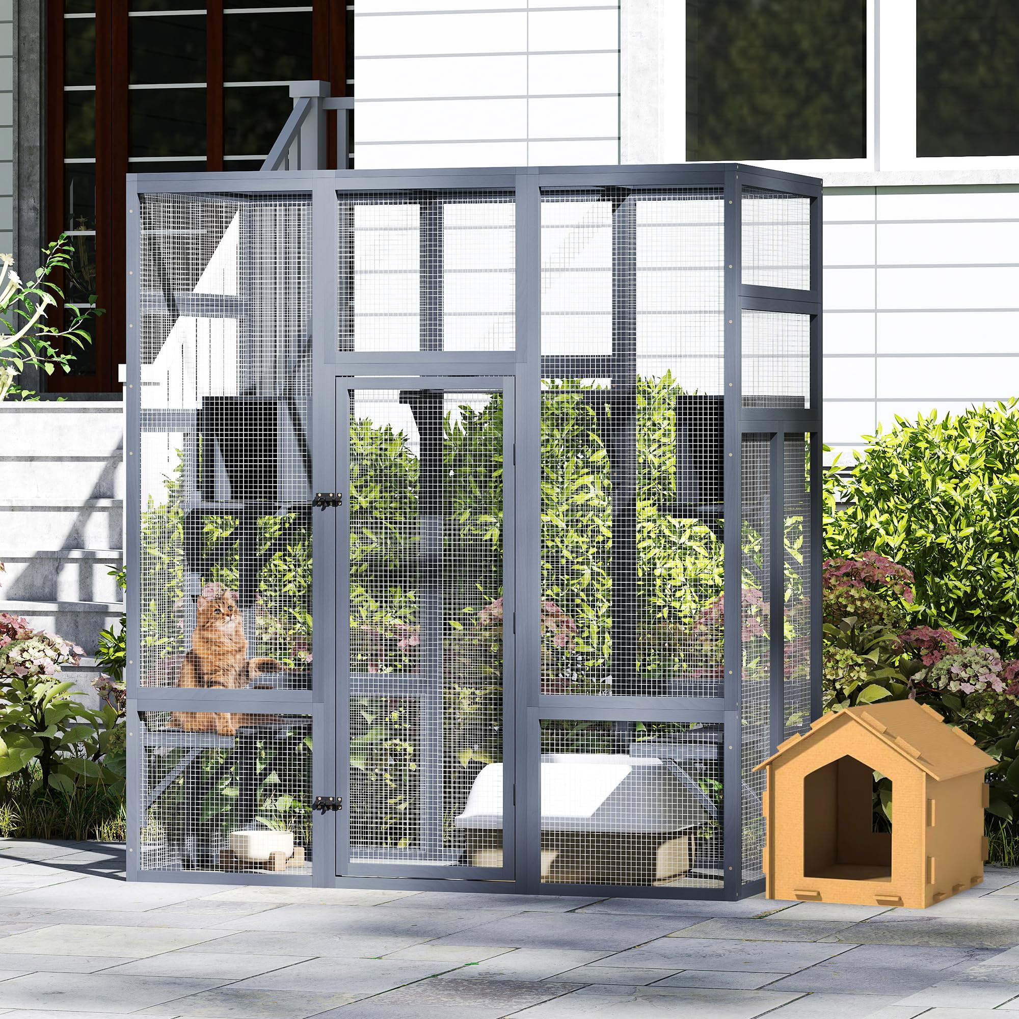 Catio Zewnętrzny wybieg dla kotów, duży wybieg dla kotów, 159 x 82 x 178 cm, domek dla kotów z mostami, spacerami, małymi domkami, zadaszeniem (kolor ciemnoszary)
