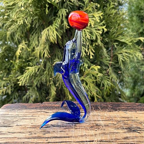 Figura de delfín de cristal azul – Miniatura soplada a mano estilo Murano – Adorno coleccionable de delfín para estante o escritorio – Regalo