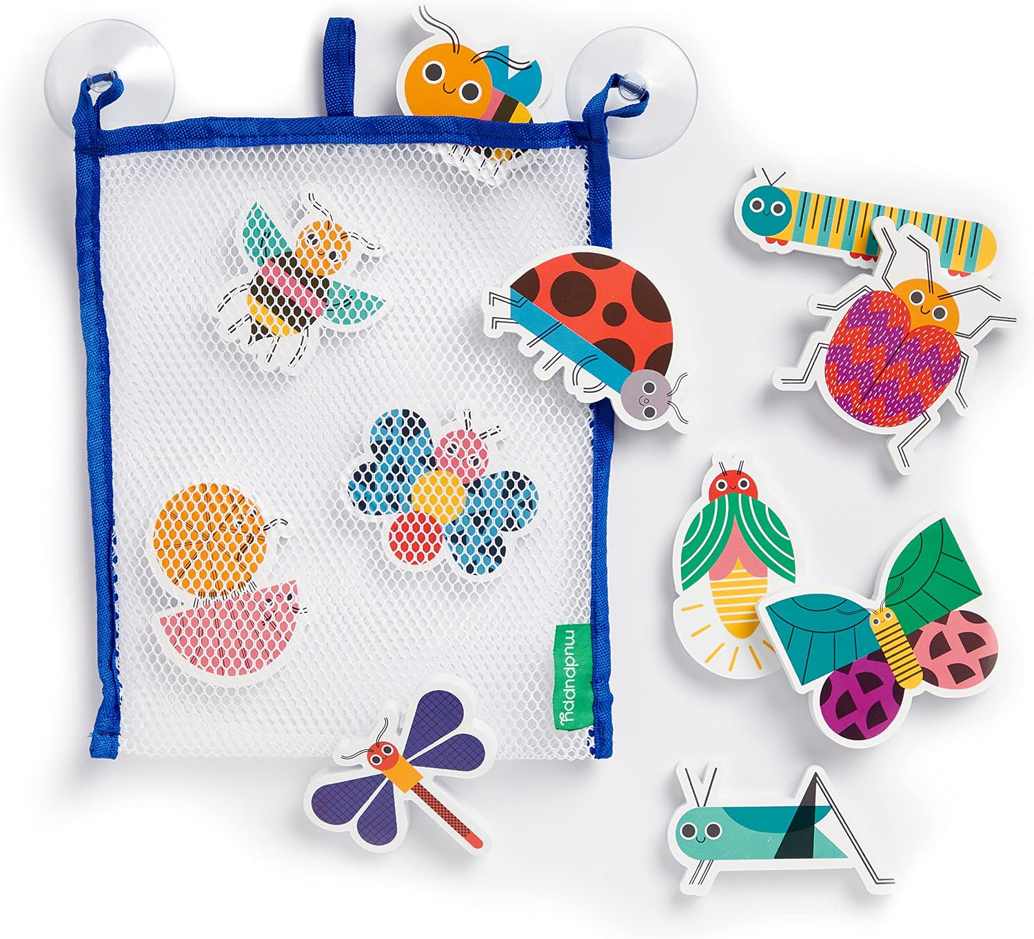 Mudpuppy Bug Out! – 20 Stickable Bug Themed Foam Shapes for Bath Time Entertainment with Mesh Storage Bag for Ages 3 and Up