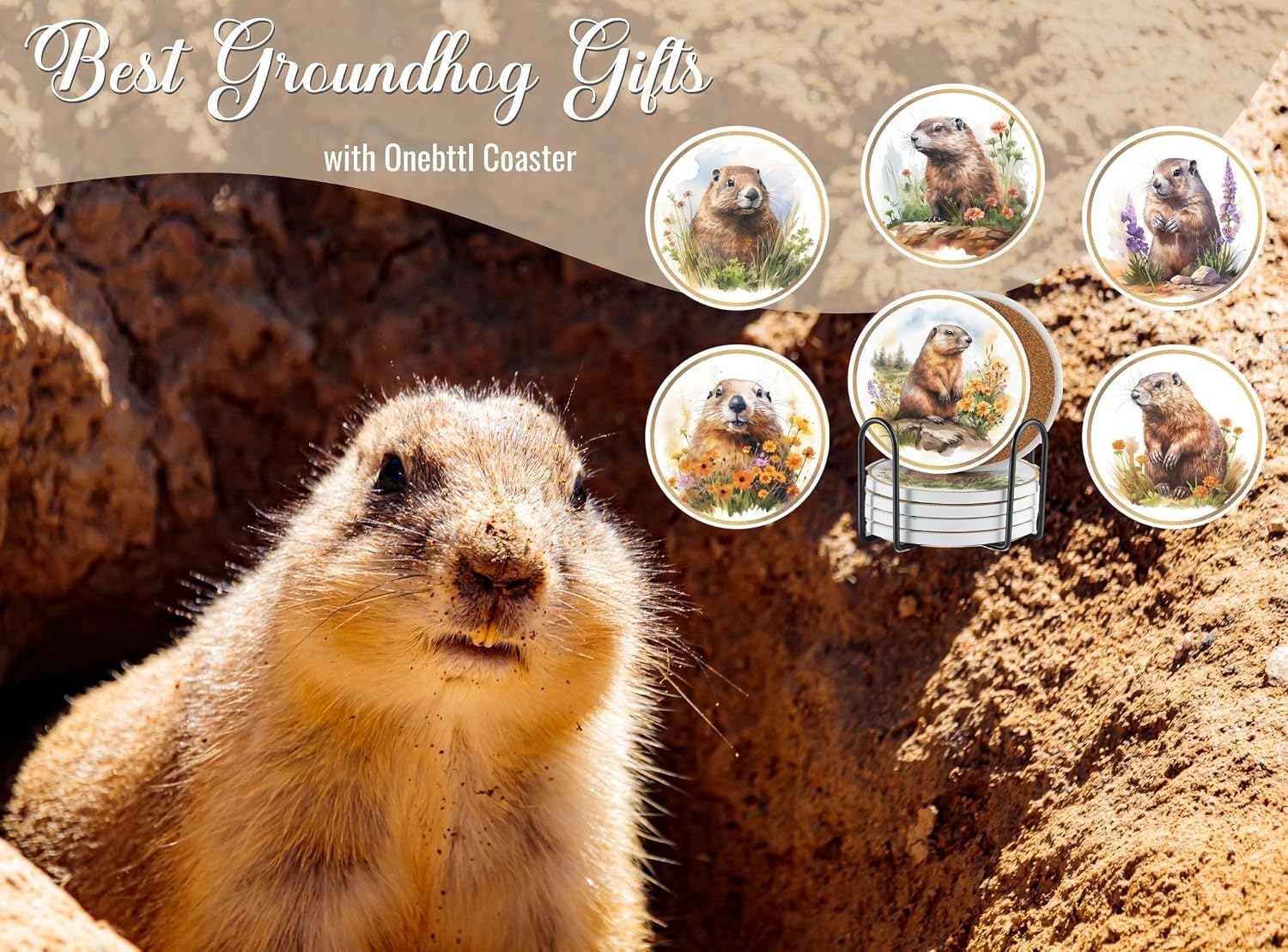 Onebttl Groundhog Gifts Coaster, Home Decor for Women, Moving, Housewarming, Set of 6, Ceramic, Absorbent with Cork Base