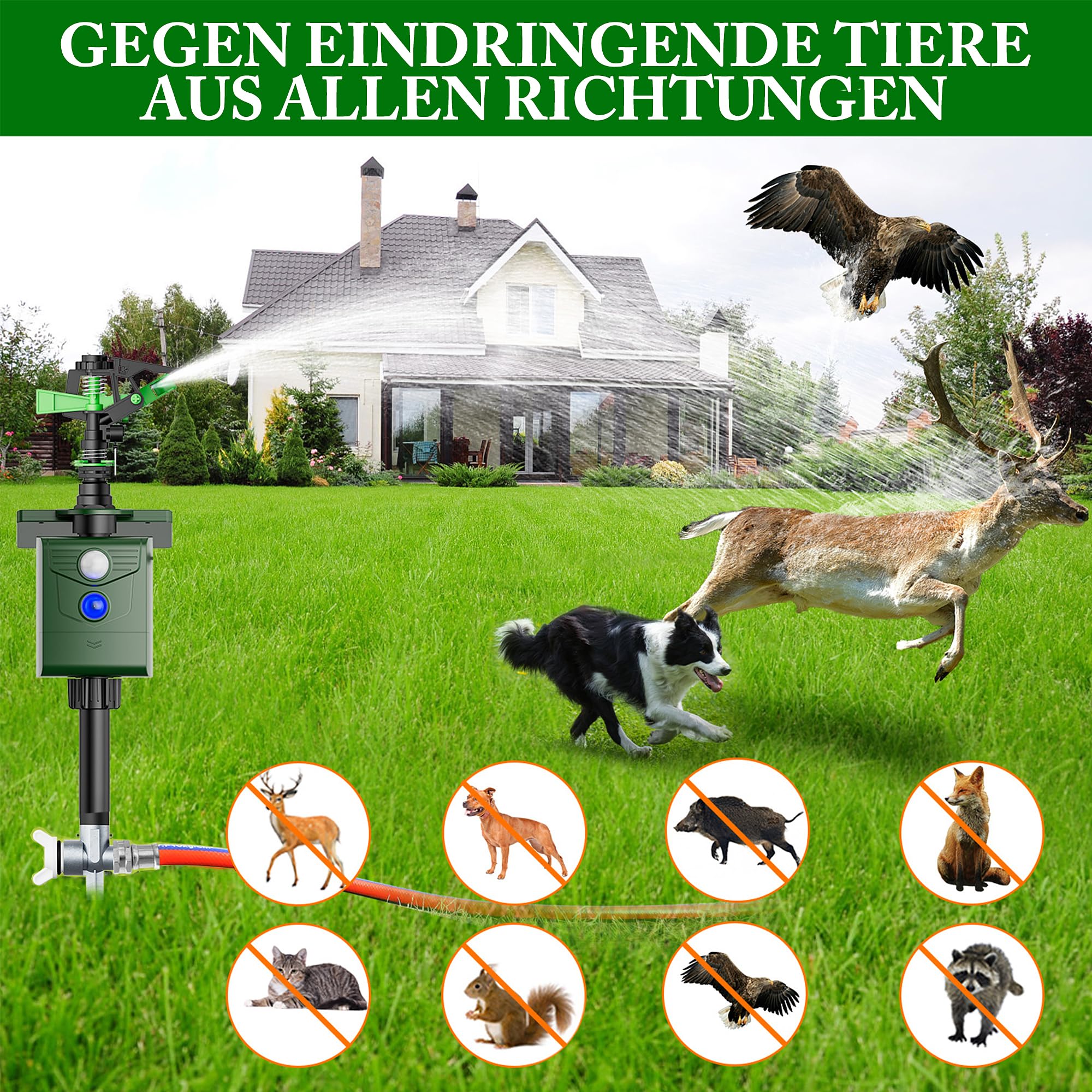 Repellente per animali domestici, repellente per gatti, rilevatore di movimento PIR, spaventapasseri per giardino e stagno, ricarica USB e ricarica solare in due modalità, spaventapasseri per uccelli