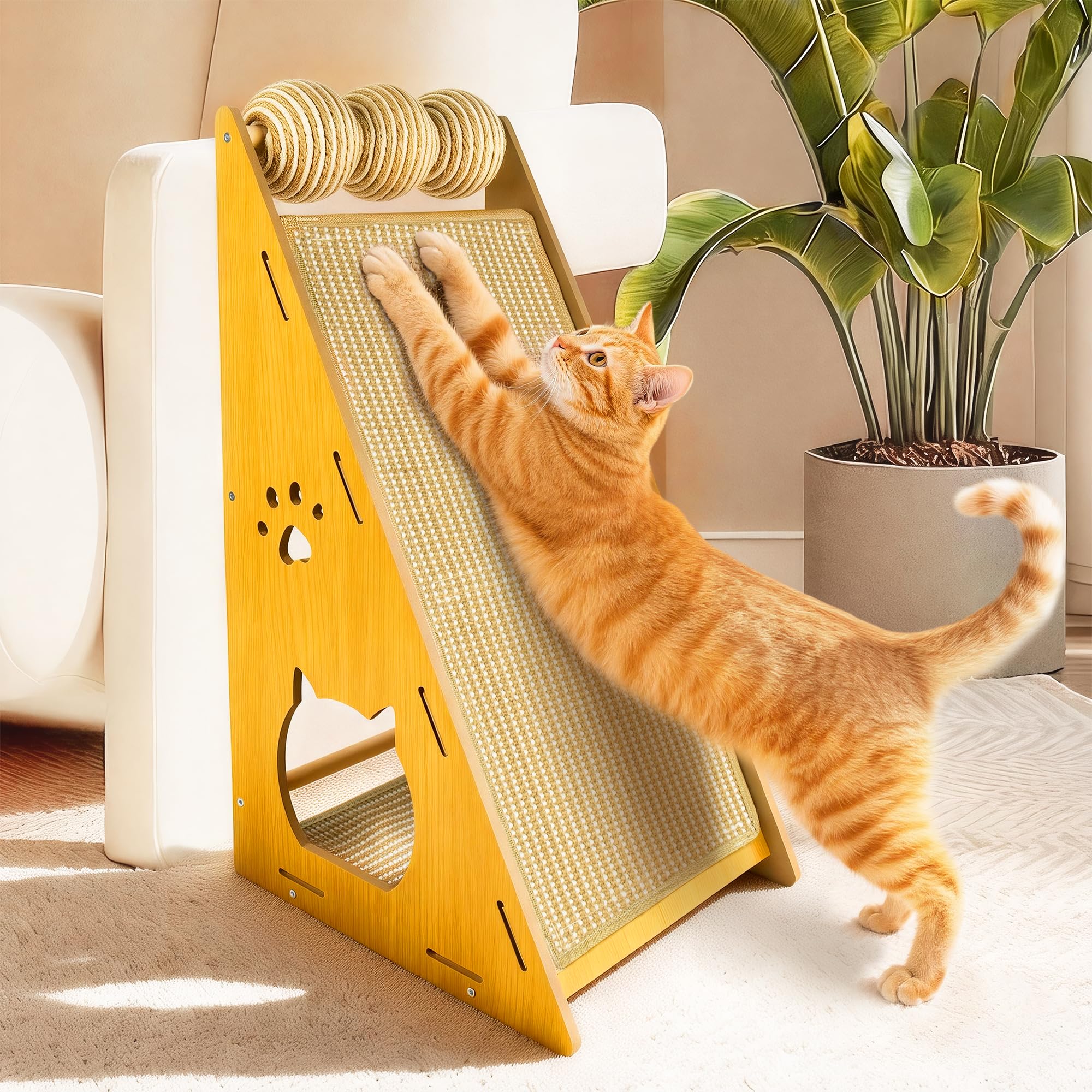 Kratzbretter Katze – Vielseitiges Katzen Kratzbrett aus massivem Buchenholz mit Sisalstamm, Kratzpappe für Katzen, ideal als Kratzbrett Wand oder Kratzmöbel Katze