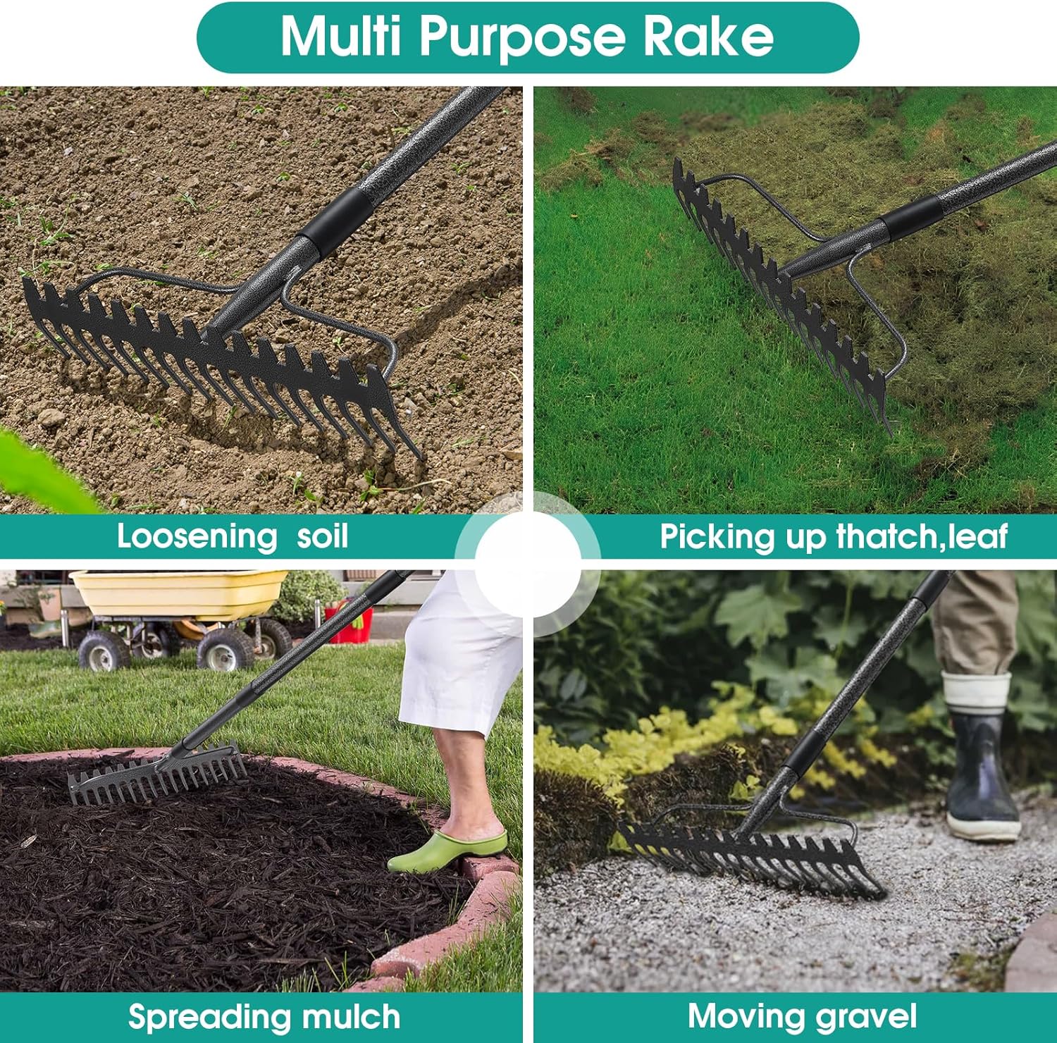 Garden Rake with 77 Inch Handle, 17 Inch Wide Metal Garden Bow Rake for Loosening Soil Gathering Leaf Raking Leveling Rocks Picking up Thatch Spreading Mulch Gravel, Rustproof Metal Rake