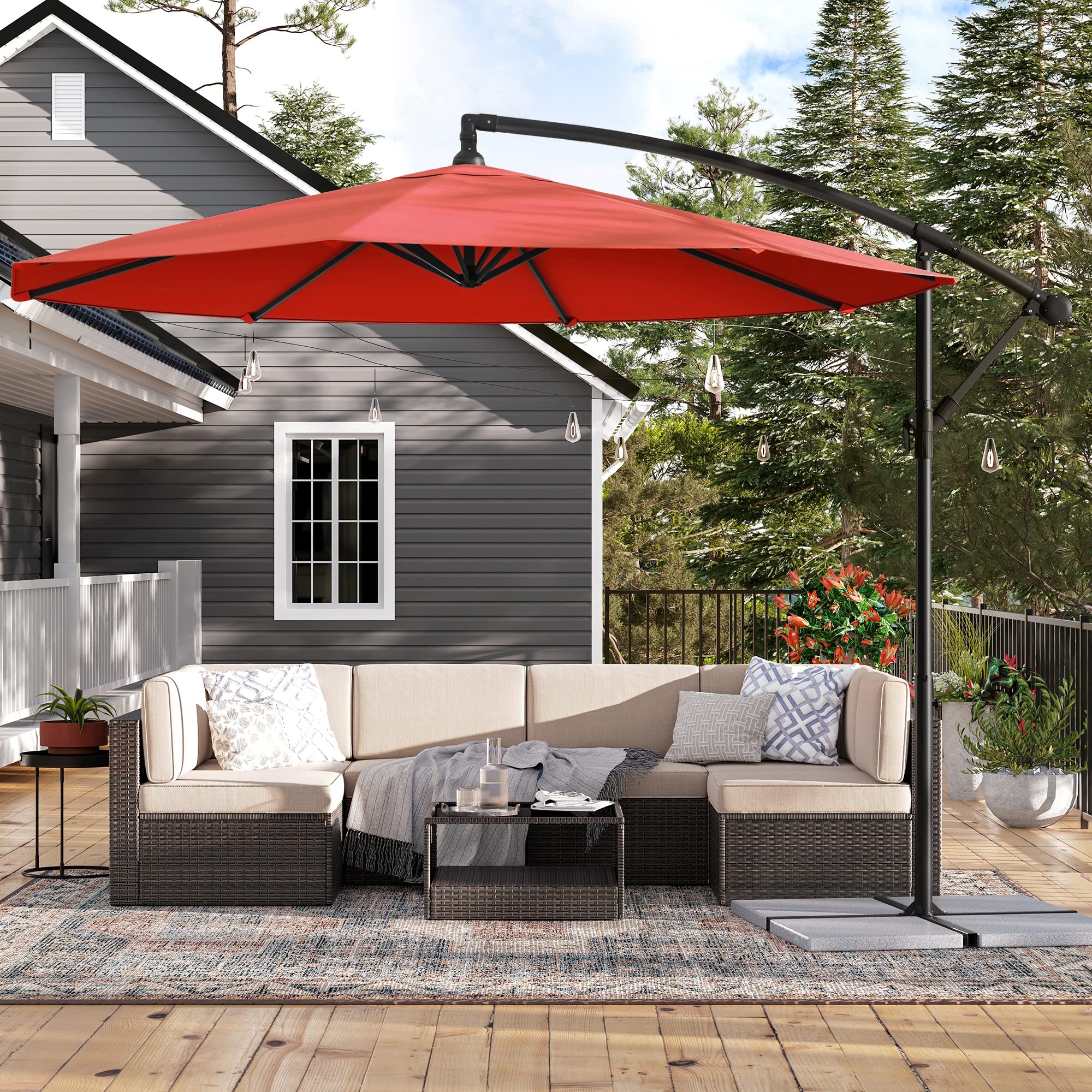 Songmics Sonnenschirm, Ampelschirm 300 Cm, Mit Ständer, Sonnenschutz Balkon, Balkonschirm, Uv-Schutz Upf 50 und mehr, Mit Kurbel Zum Öffnen Und Schließen, Für Terrasse, Garten, Rot Gpu016R01