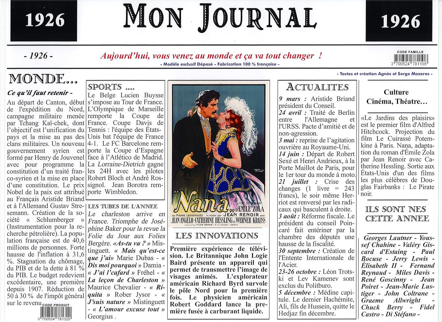 Générique Set De Table Année 1940 - Mon Journal - Plastifié - Année De