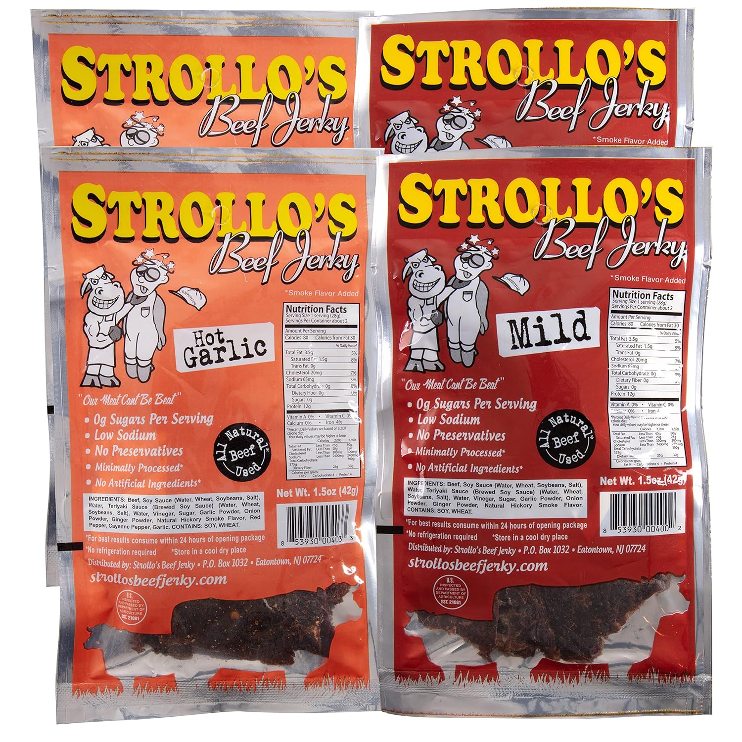 Strollo’s Beef Jerky Snack Packs - Mild & Hot Garlic 4 Pack - 1.5 oz Each - Low Carb, Zero Sugar, Low Fat - All Natural USA Beef - USDA Certified - High Protein Smoked Meat Snack - Tender & Flavorful