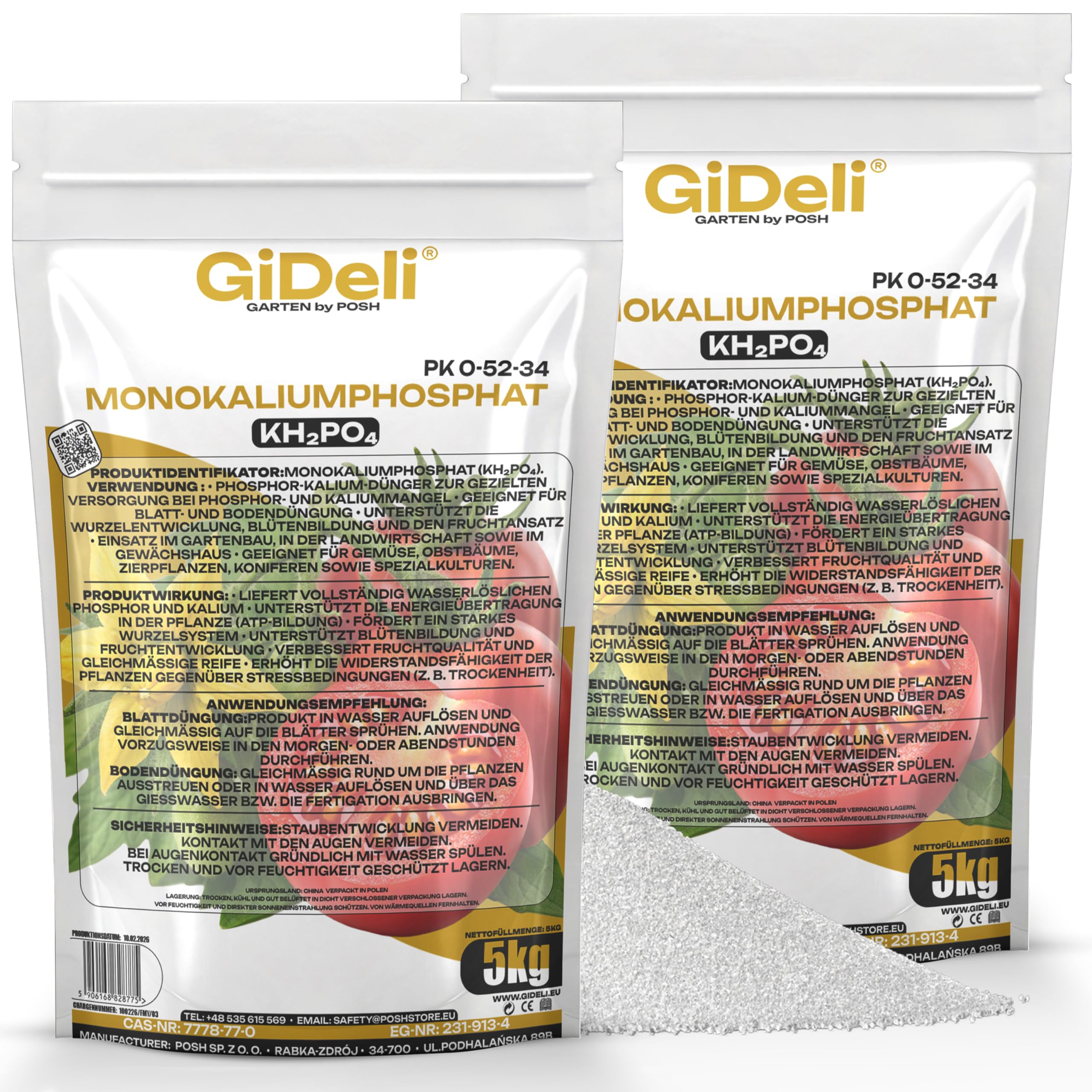 GiDeli Fosfato Monopotassico MKP 2x5kg - Concime Idrosolubile per Fertirrigazione e Uso Fogliare - Ideale per Orto, Serra e Alberi da Frutto - Senza Azoto, Favorisce Fioritura e Fruttificazione