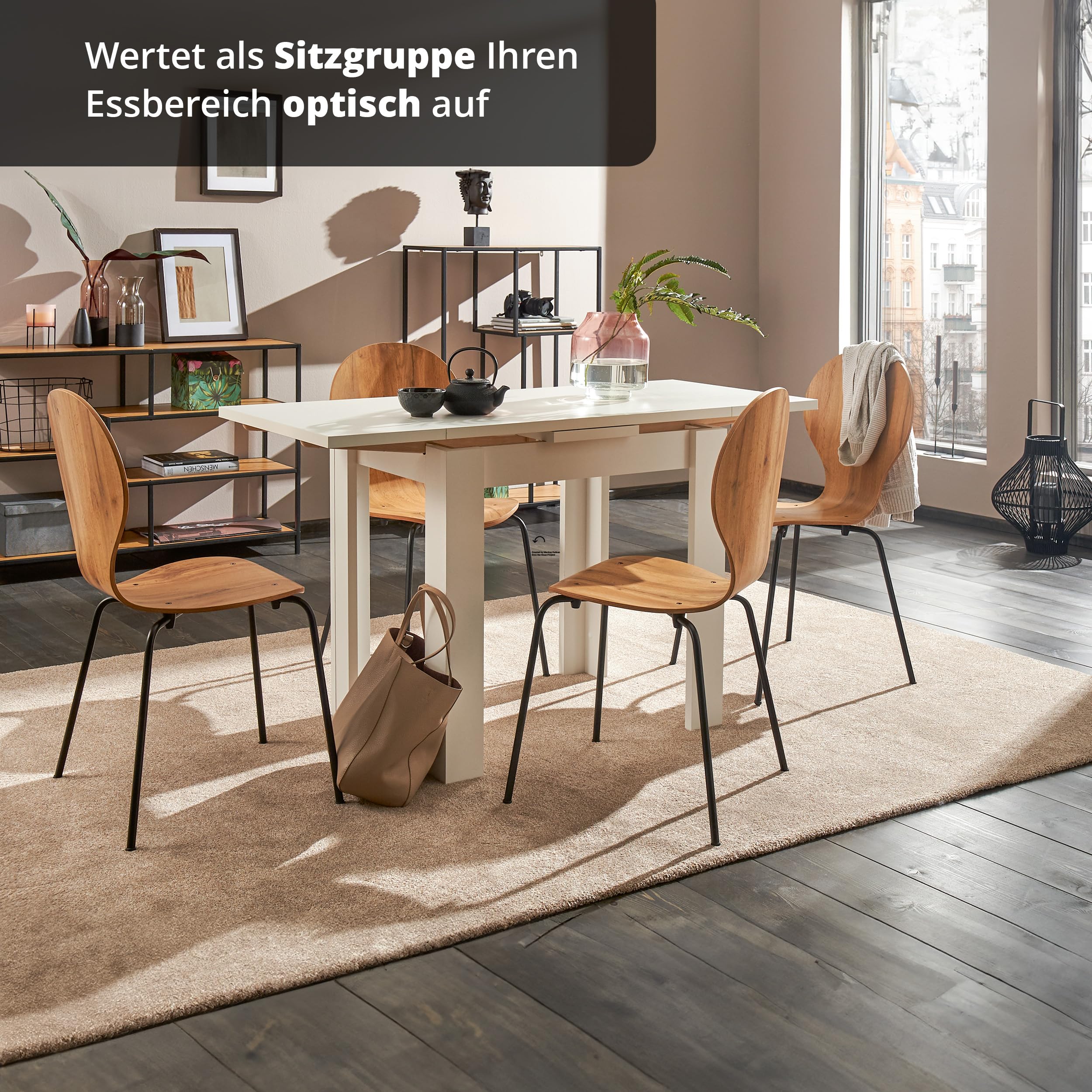 KHG 6er Set Stapelstühle Esszimmerstuhl Stuhl aus Schichtholz mit Eiche-Dekor - Sitzhöhe 45 cm, Stuhlbeine aus Metall - stapelbar für Esszimmer Gastronomie Büro