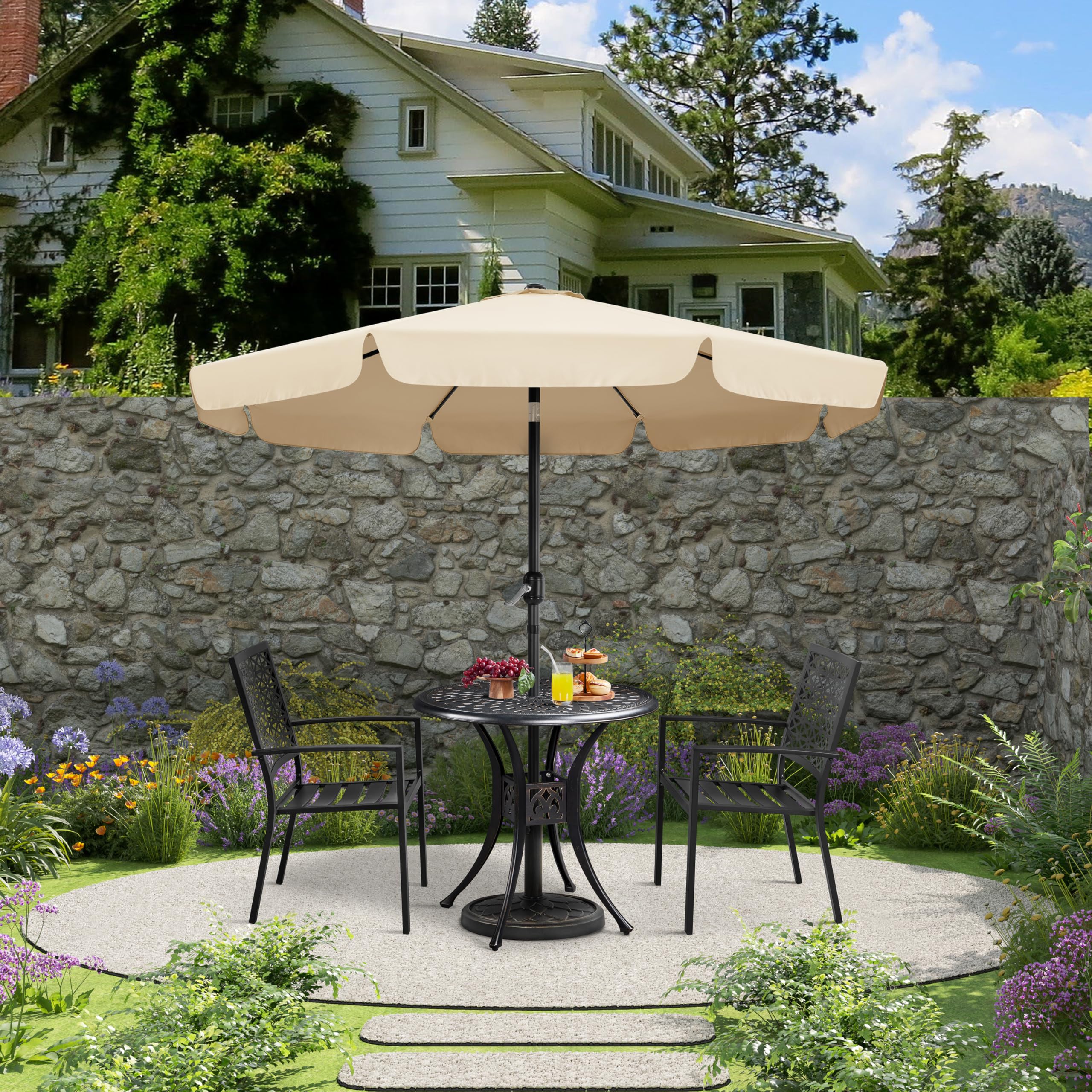Ombrellone da Giardino Esterno 267,5 cm con Bordatura 8 Stecche Manovella Parasole Protezione UV per Spiaggia Balcone Terrazzo Mercato Reclinabile
