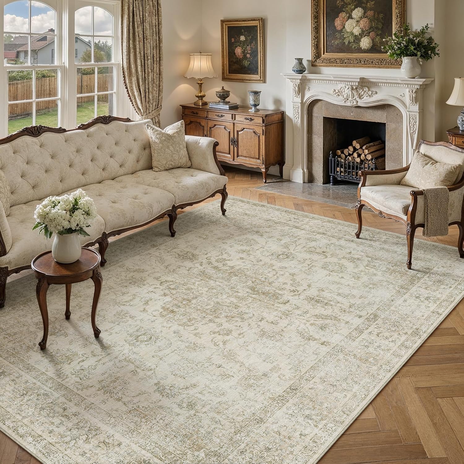 HUGEAR Retro Beige Area Rug 8x10 Machine Washable Living Room Rugs Distressed Vintage Floral Low Pile Carpet Bedroom Office Dining Room Laundry Room Non Slip Soft Lightweight