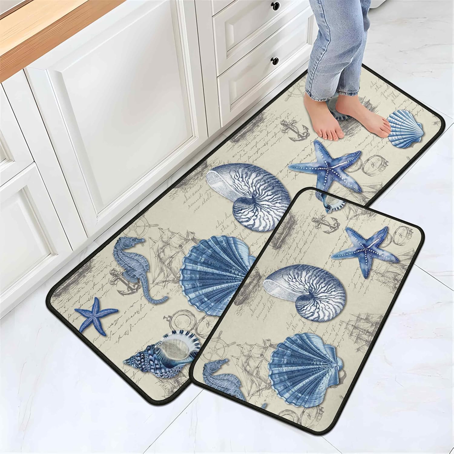 Ocean Theme Seashell Starfish Nautical Decorative Kitchen Rugs and Mats Set of 2, Kitchen Mats for Home Kitchen Decor 17"x47"+17"x30"