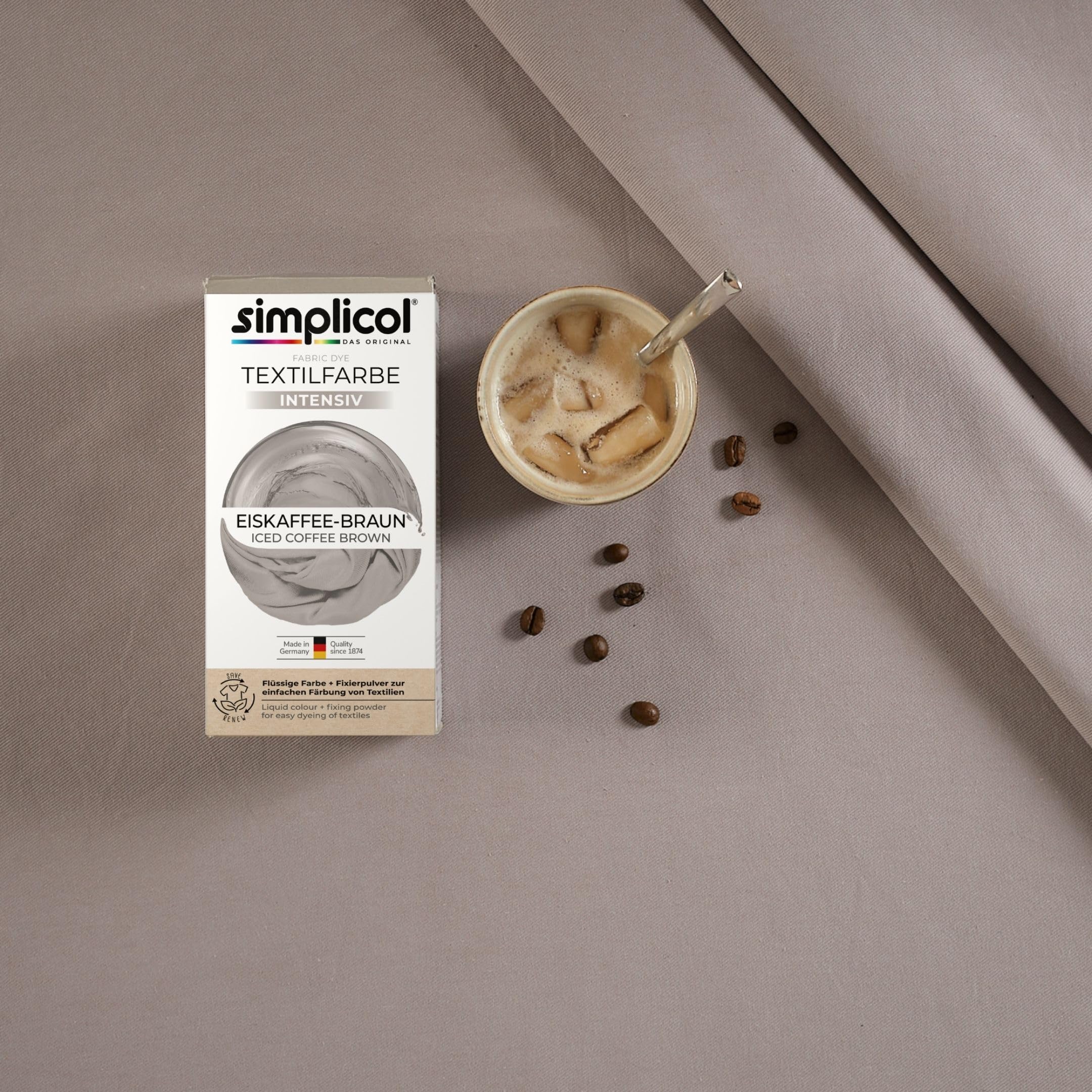 simplicol Textilfarbe intensiv Eiskaffee-Braun | Einfaches Färben in der Waschmaschine | Flüssige Farbe & Fixierpulver