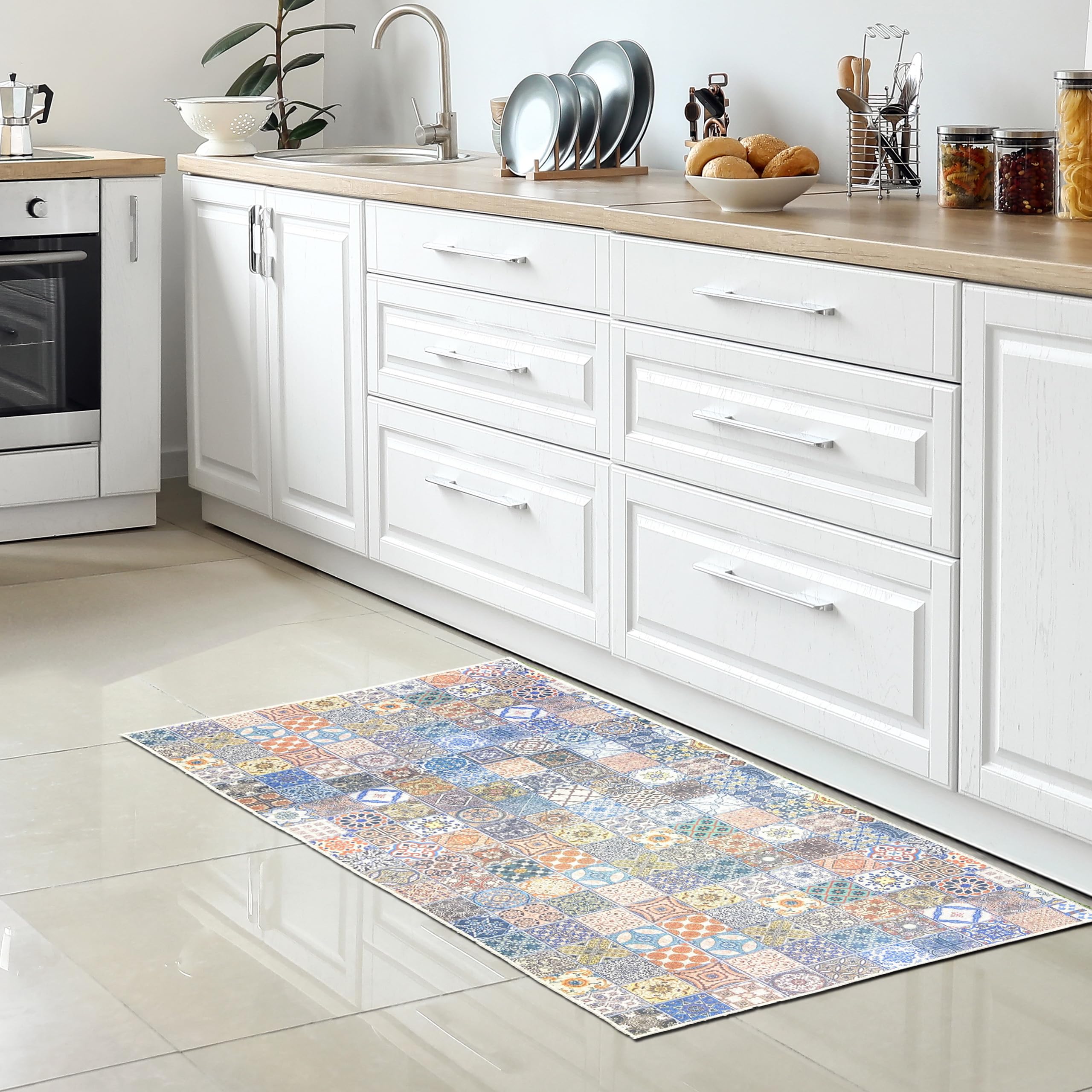 CARPETIA chodnik kuchenny, mata kuchenna, dywanik kuchenny, imitacja płytek, nowoczesny design, antypoślizgowy i nadaje się do prania, wymiary: 67 x 180 cm