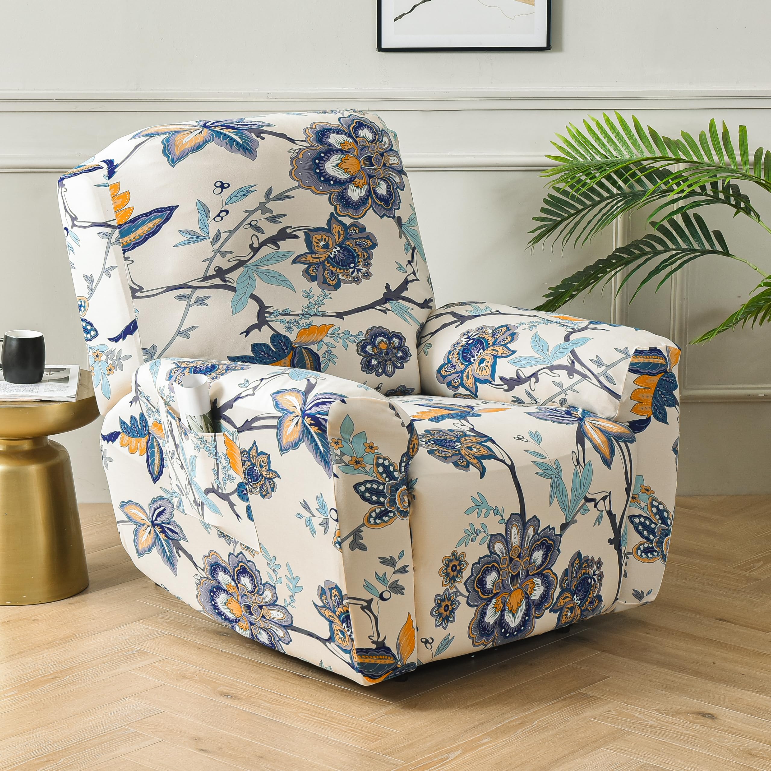 Ebeta Housse de Fauteuil Relax Doux Extensible, 4 Pièce Housse de Canapé Antidérapante avec Poche Latérale, Protege de Meubles Lavable Housse de Fauteuil à Oreilles (Parfum Fleur