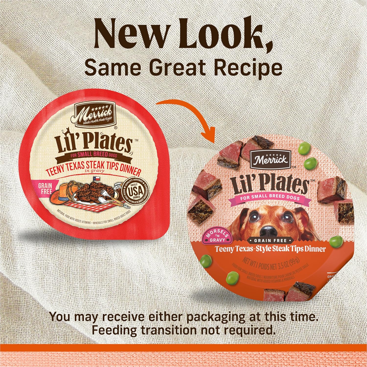 Merrick Lil’ Plates Grain-Free Wet Dog Food for Small Dogs Teeny Texas Steak Tips Recipe with Real Beef, 3.5 oz. Tub
