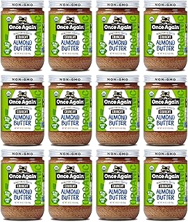 Once Again Organic Crunchy Almond Butter, 16oz - Roasted - Salt Free, Unsweetened - USDA Organic, Gluten Free Certified, Peanut Free, Vegan, Kosher, Paleo - Glass Jar - Case of 12