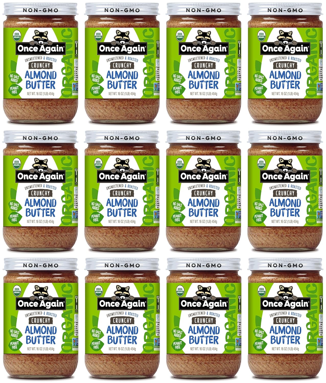 Once Again Organic Crunchy Almond Butter, 16oz - Roasted - Salt Free, Unsweetened - USDA Organic, Gluten Free Certified, Peanut Free, Vegan, Kosher, Paleo - Glass Jar - Case of 12