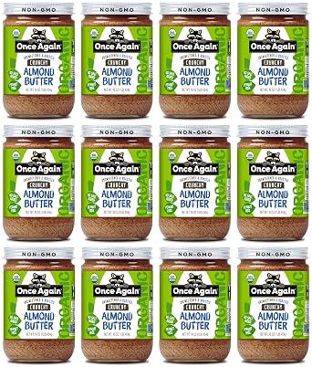 Once Again Organic Crunchy Almond Butter, 16oz - Roasted - Salt Free, Unsweetened - USDA Organic, Gluten Free Certified, Peanut Free, Vegan, Kosher, Paleo - Glass Jar - Case of 12