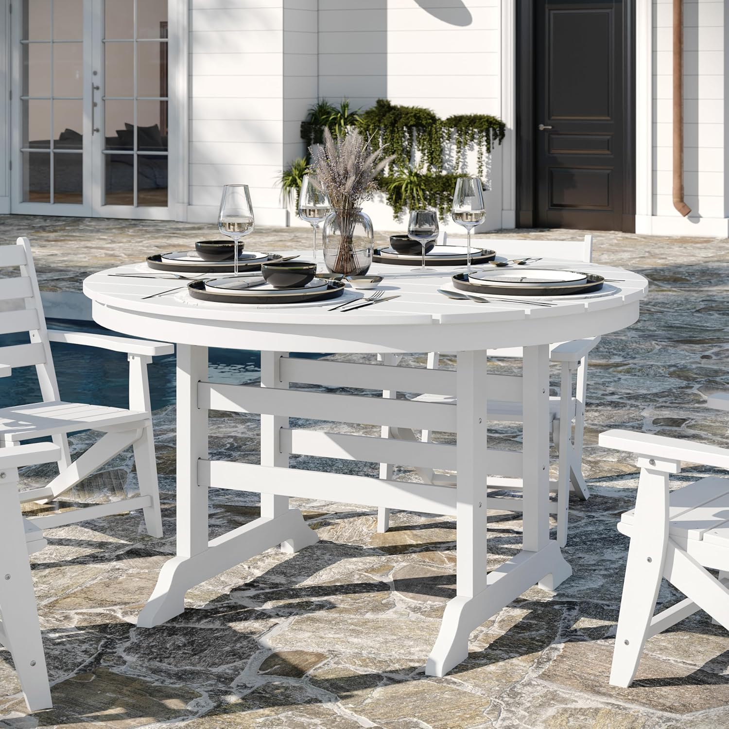 Flash Furniture Colonel Outdoor Dining Table for 4, Commercial Grade All-Weather Recycled HDPE Adirondack Style Table, UV Fade Resistant, 48" Round, White