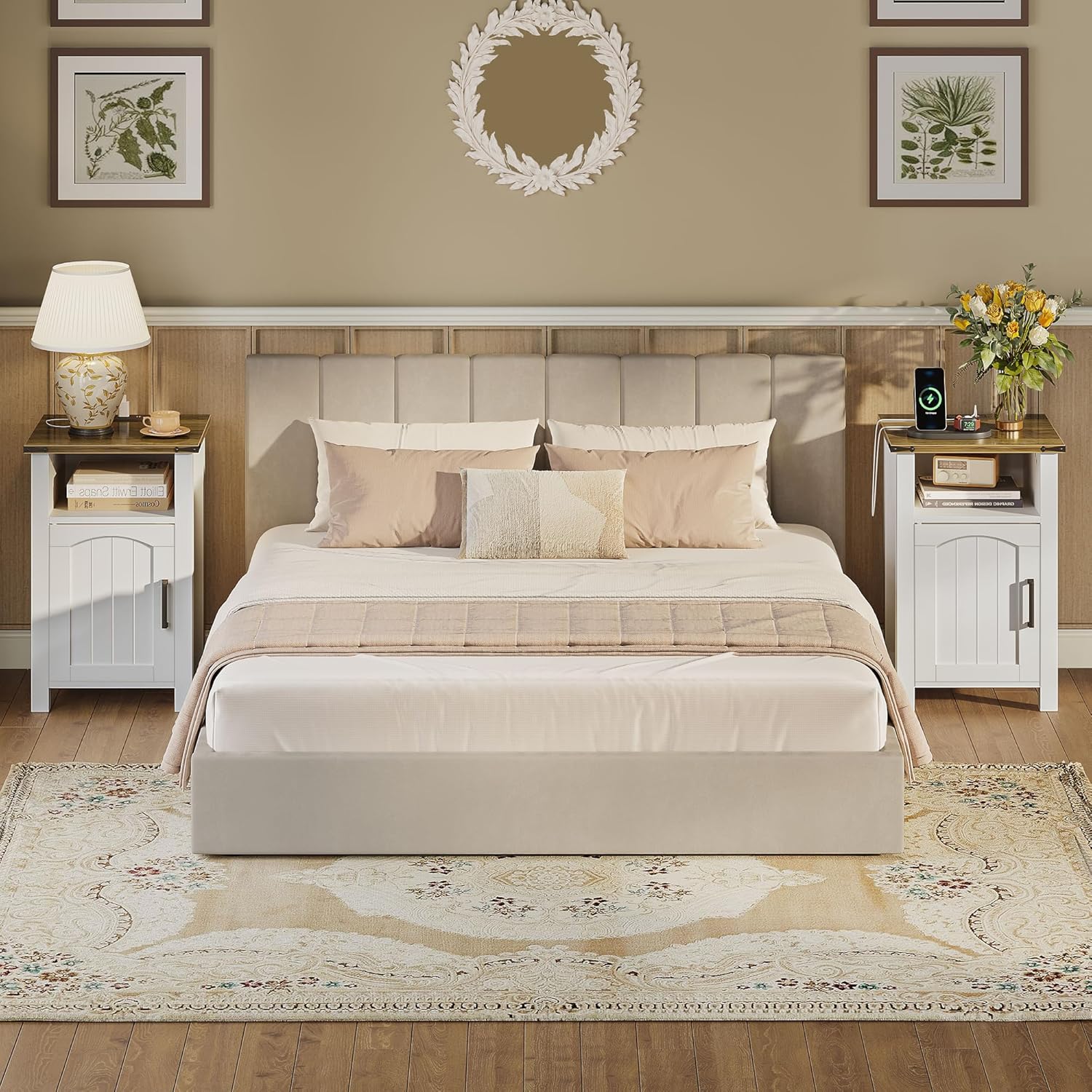 Farmhouse Nightstand with Charging Station, Set of 2 End Table with USB/Type-C Ports and Power Outlets, Rustic Bedside Table with Large Storage and Open Shelf, Modern Side Table for Bedroom, White