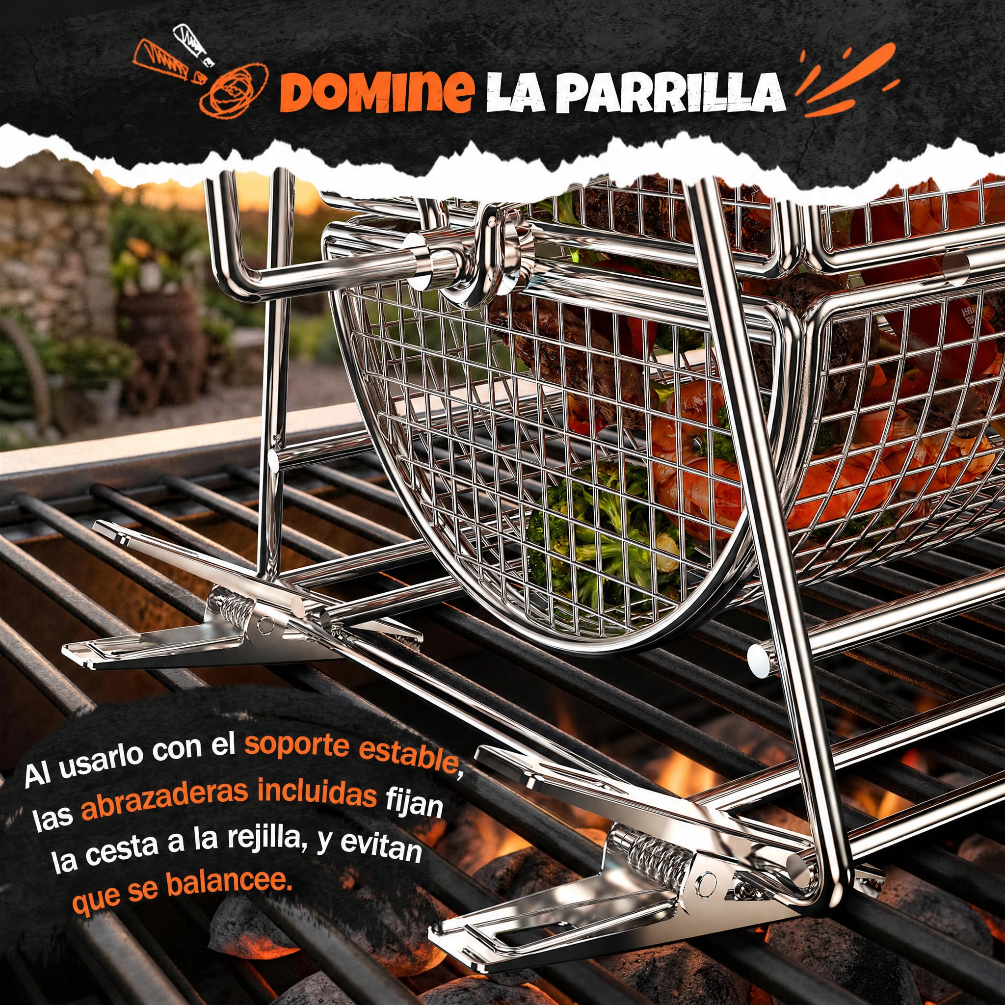 2-en-1 Cesta de Parrilla Rodadiza Rotativa, Acero Inoxidable 304 con Dobles Mangos de Manivela y Recto, Accesorios Barbacoa para Verduras Camarones, Regalo Idea Hombre Papá Esposo Cumpleaños