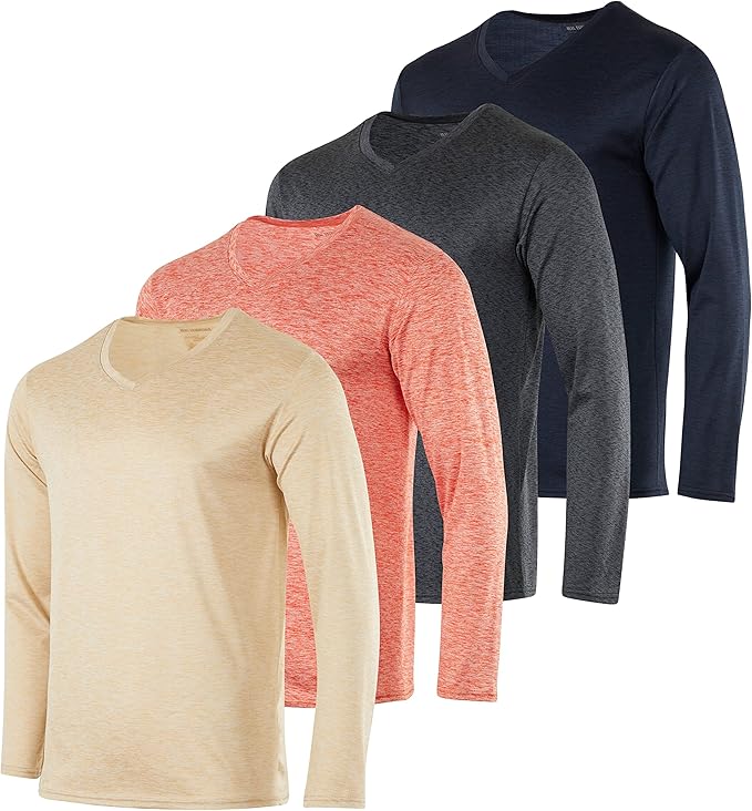 Real Essentials 4 Pack: Men's Dry Fit Long Sleeve V-Neck Active T-Shirt - Athletic Outdoor UPF 50+ (Available in Big & Tall)