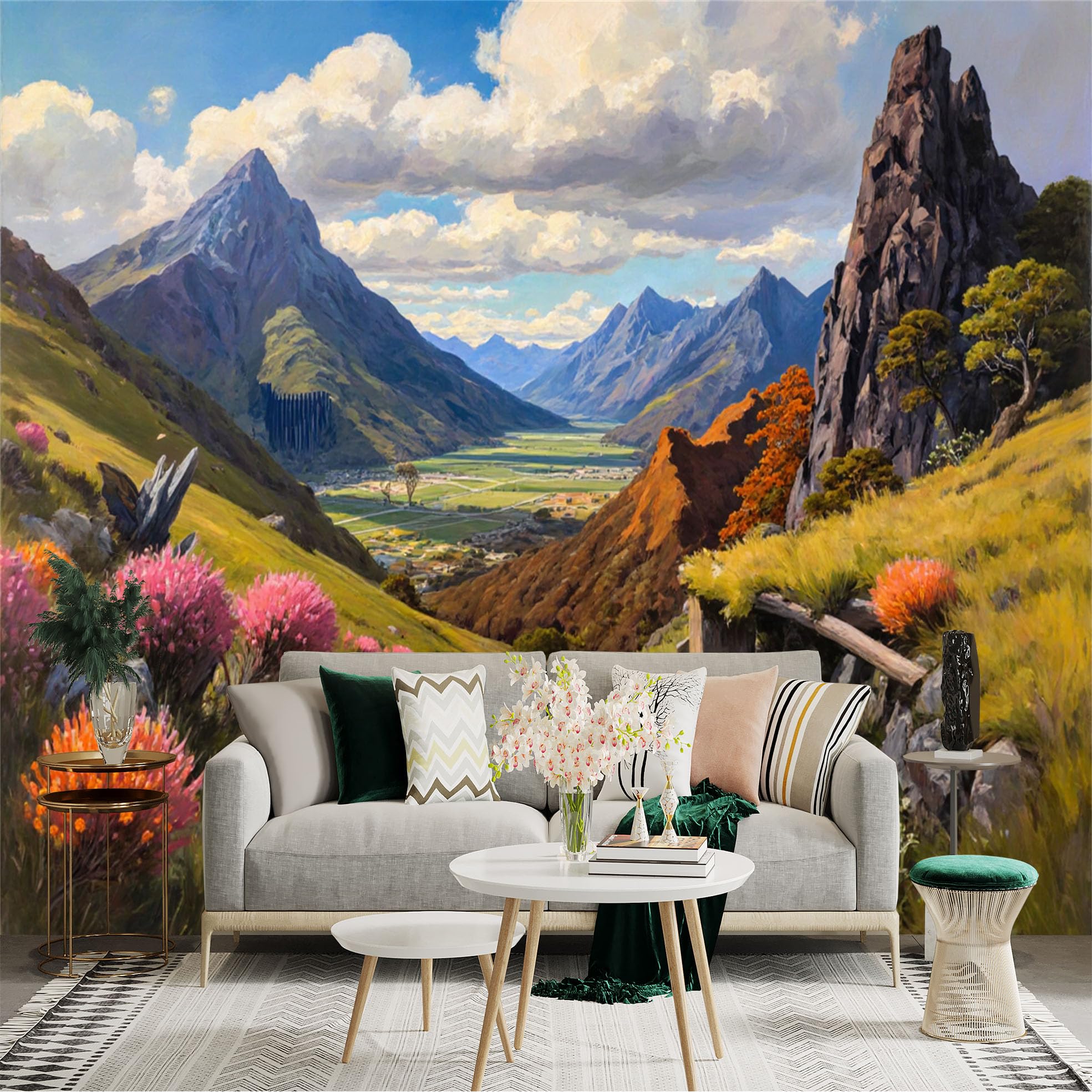 Custom Size Wall Sticker Mural， Mountain Valley Landscape with Path， Wildflowers and Blue Sky， for wall Decoration， peelandstick wall Decals.