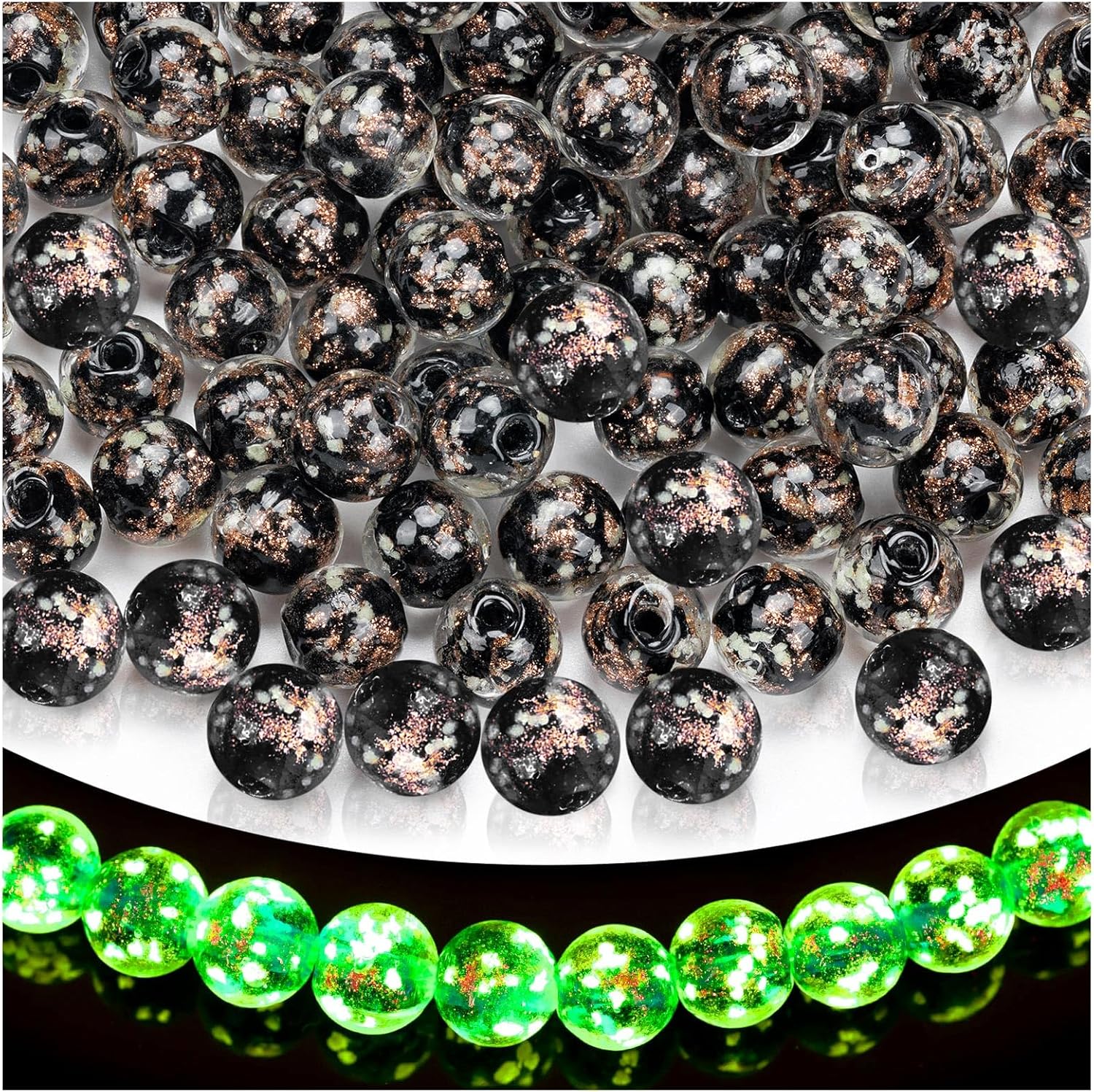 108PCS Glow in The Dark Beads - 8mm Luminous Glass Beads, Crystal Round Glow Firefly Glass Bead for Jewelry Making DIY Crafts Bracelets Earring Spacer Bead (Black)