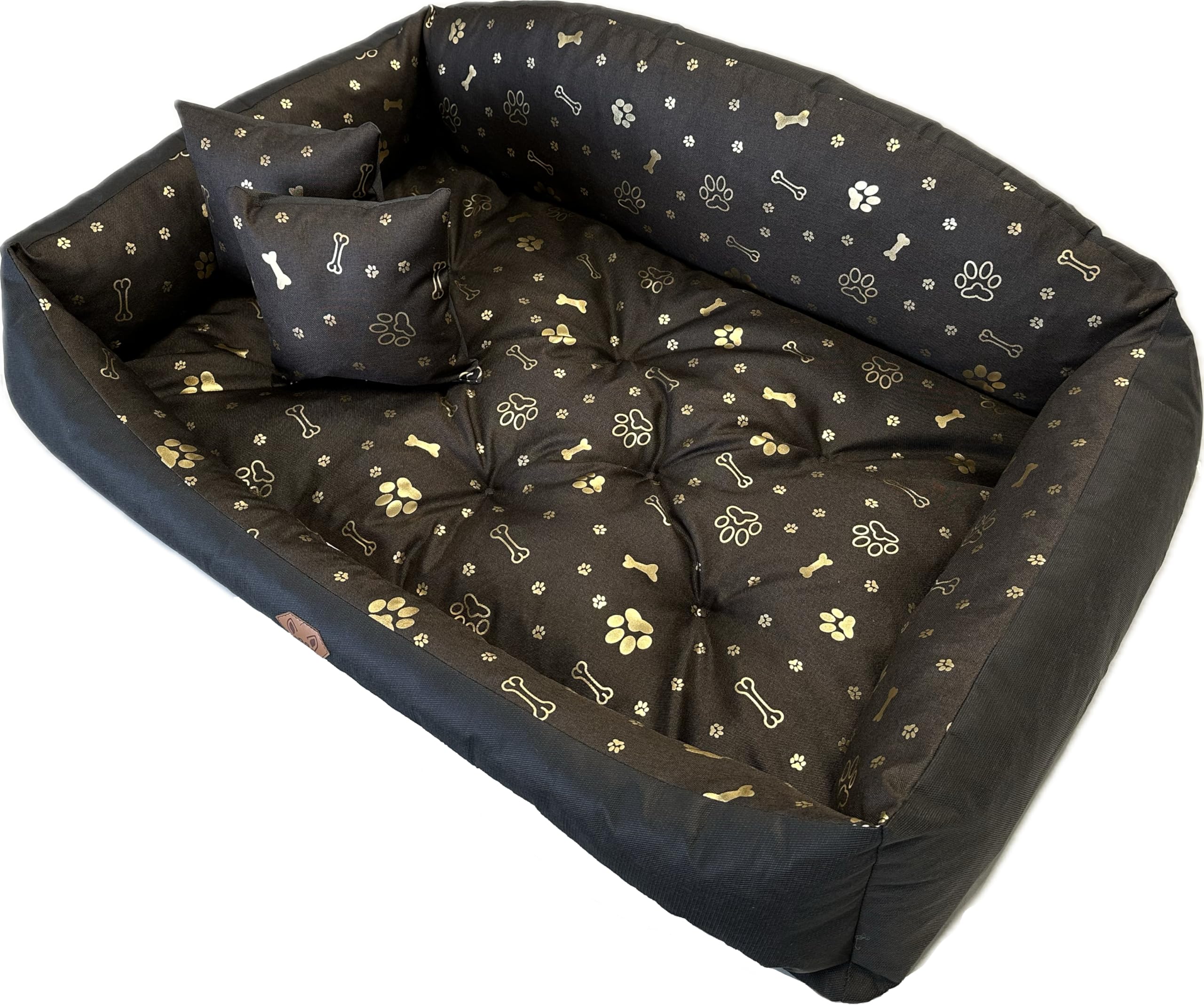 Dogs4Life Nadaje się do prania, ortopedyczne legowisko dla psa, poduszka dla psa, sofa dla małych i średnich psów, rozmiar S - XXL, możliwość personalizacji z imieniem (S, ‎‎‎‎, złote łapy)