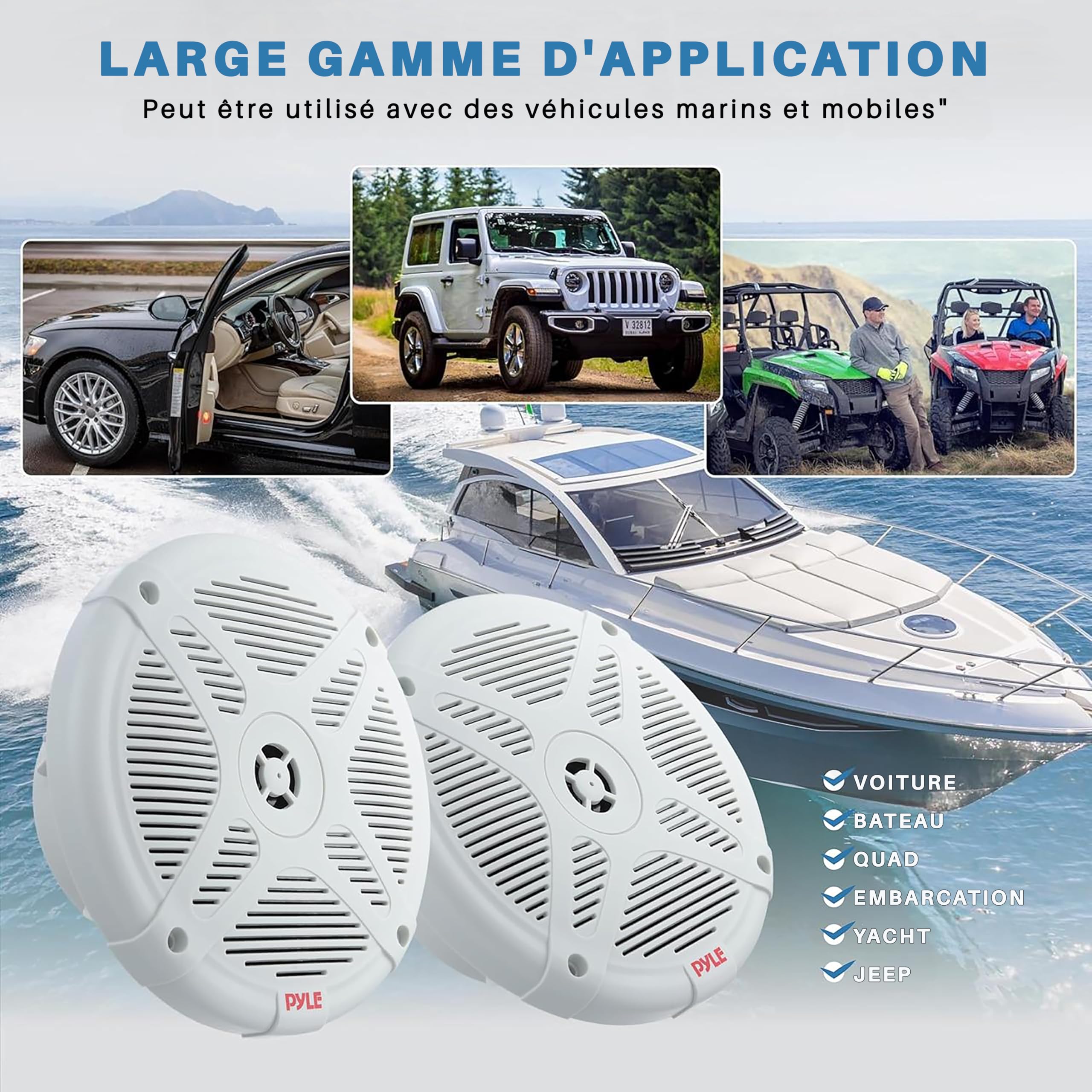 Pyle Haut-Parleur Marin 16,5 cm 2 Voies – Enceintes Étanches IPX4 600W pour Bateau et Extérieur, Design Bas Profil, Paire Blanche