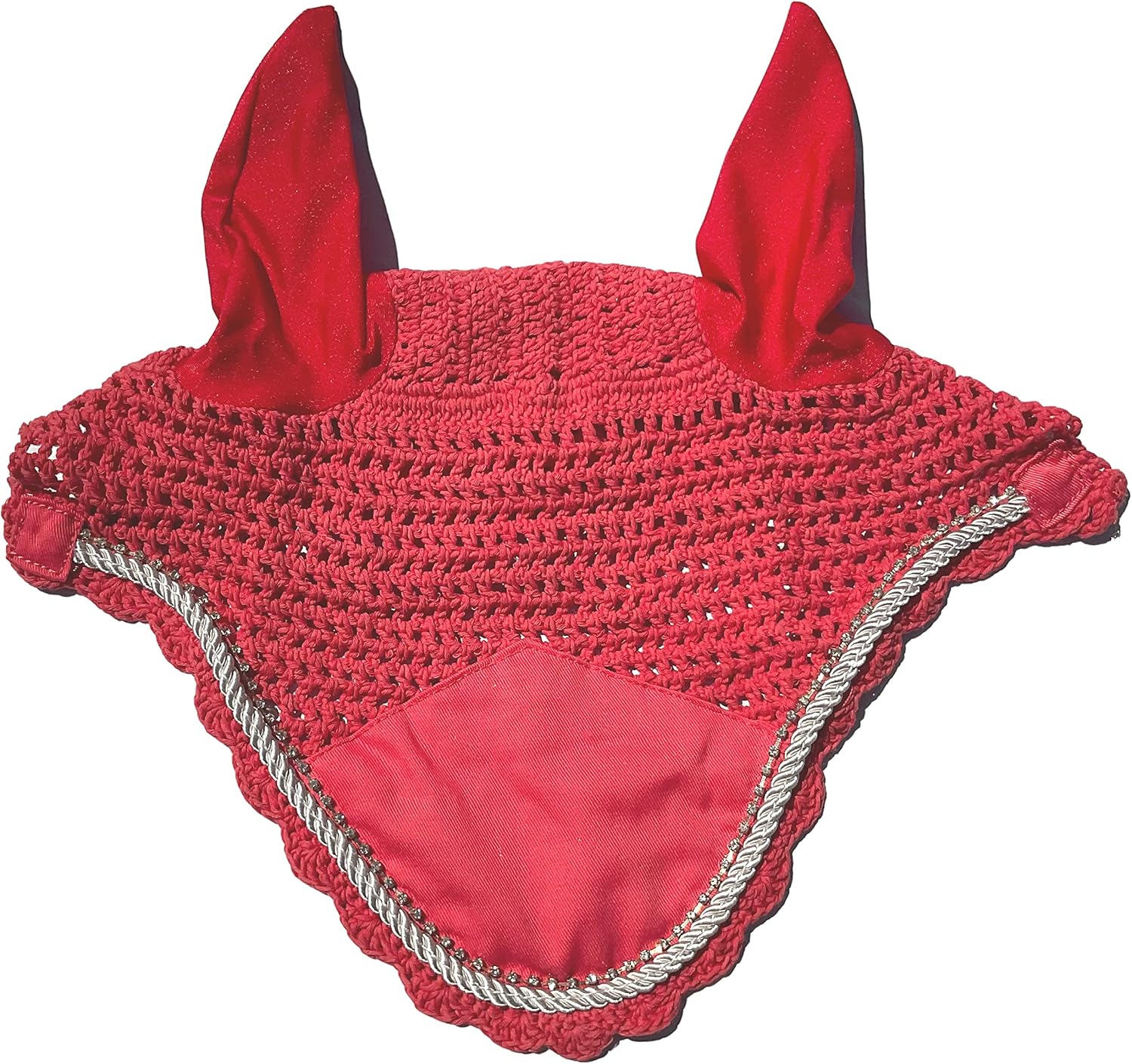 Horse Bonnets/Fly Veil with Scalloped Edge and Rope and Bling Trim (Coral & Light Silver Rope)