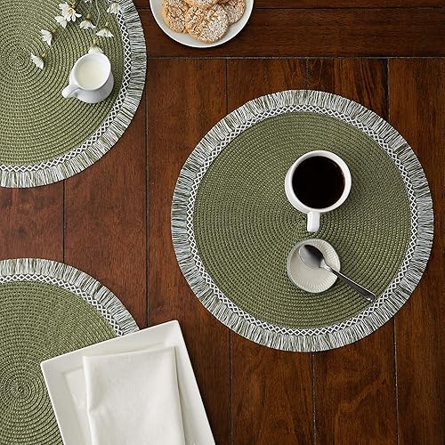 Miniatura 2 de DII Colección de manteles individuales tejidos redondos, 14.75 pulgadas de diámetro, flecos de salvia, 6 piezas